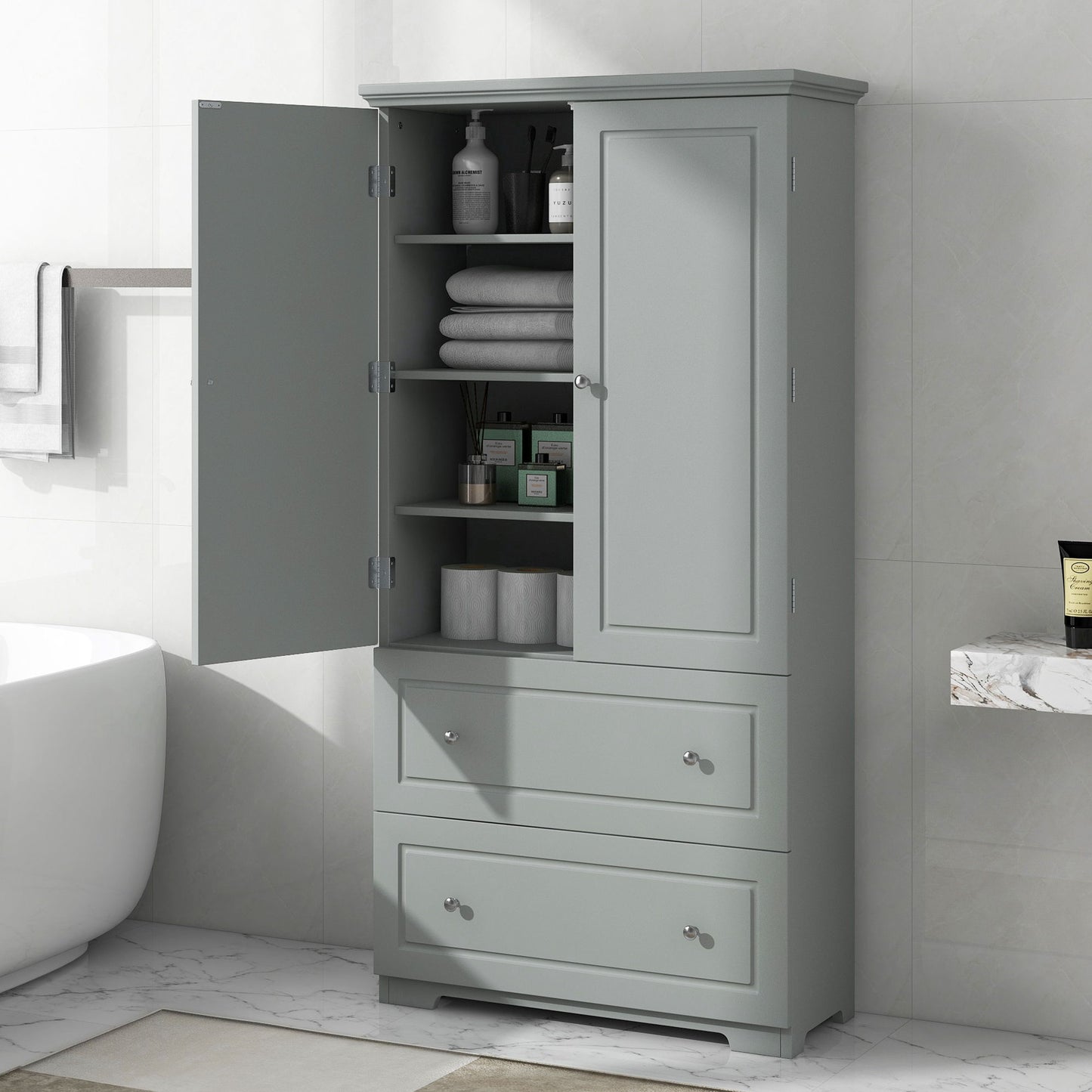 Wide Bathroom Storage Cabinet, Freestanding Storage Cabinet With Two Drawers And Adjustable Shelf, MDF Board With Painted Finish - Gray Hearth and Haven