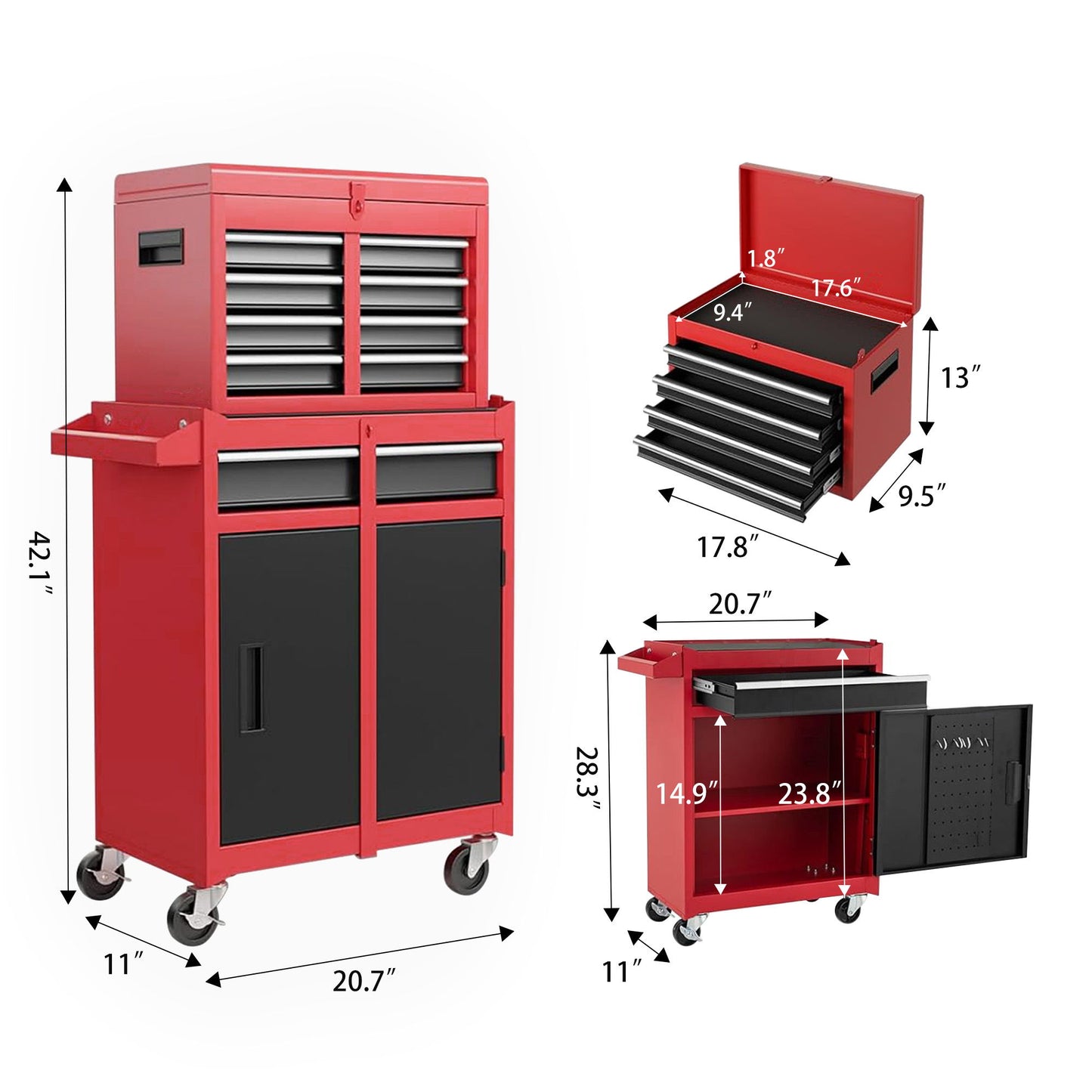 Tool Chest, 5 Drawer Rolling Tool Storage Cabinet With Detachable Top Tool Box, Liner, Universal Lockable Wheels, Adjustable Shelf, Locking Mechanism, Metal Tool Cart For Garage Workshop Daily Nest