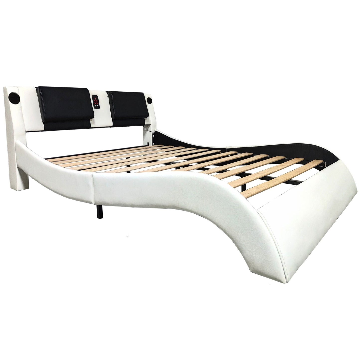 Upholstered Platform Bed Frame With LED Lighting, Bluetooth Connection To Play Music Control, Backrest Vibration Massage, Curve Design, Wood Slat Support, Exhibited Speakers Home Essentials