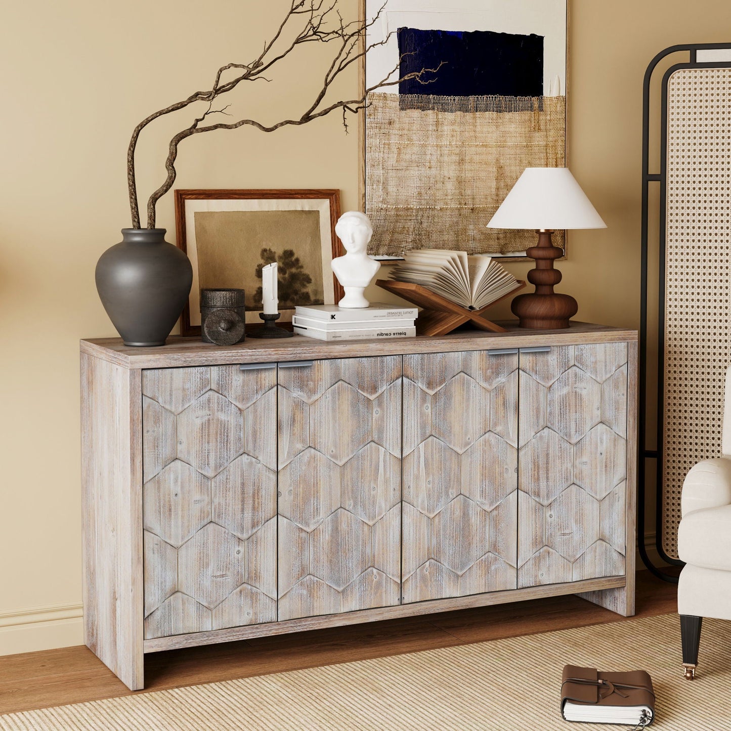 Accent Cabinet Farmhouse Style 4 Door Wooden Cabinet Sideboard Buffet Server Cabinet Storage Cabinet, For Living Room, Entryway, Hallway, Office, Kitchen And Dining Room Home Essentials