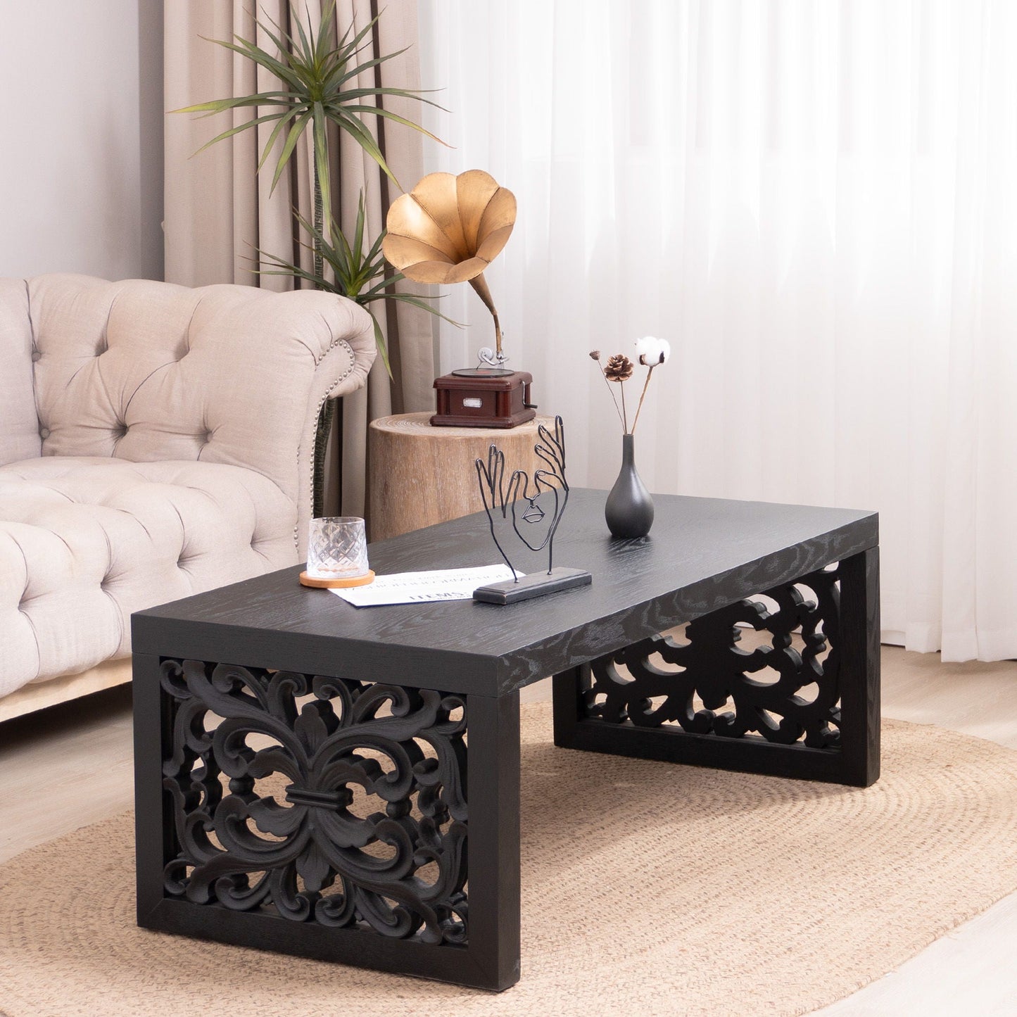 Rustic Carved Wood Coffee Table, Handcrafted Look With Ornate Side Panels Home Essentials