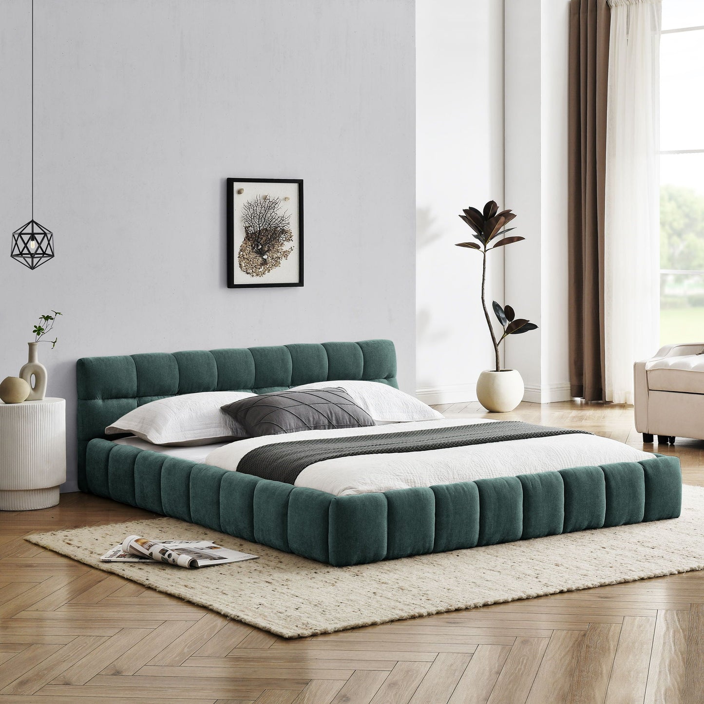 Modern Platform Bed Frame With Thick Chenille Fabric Home Essentials