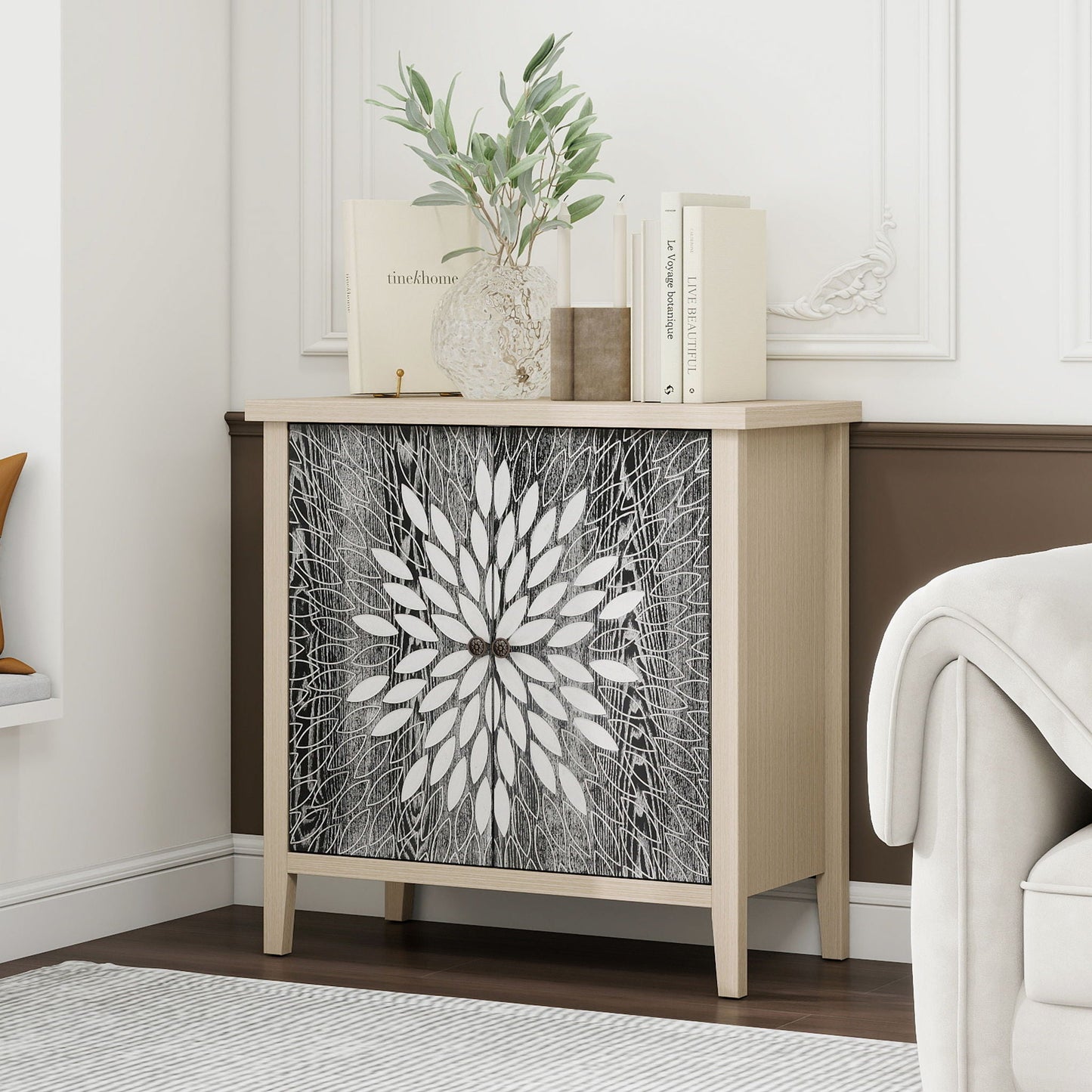 2 Door Carved Storage Cabinet With Adjustable Shelf, Accent Furniture Home Essentials