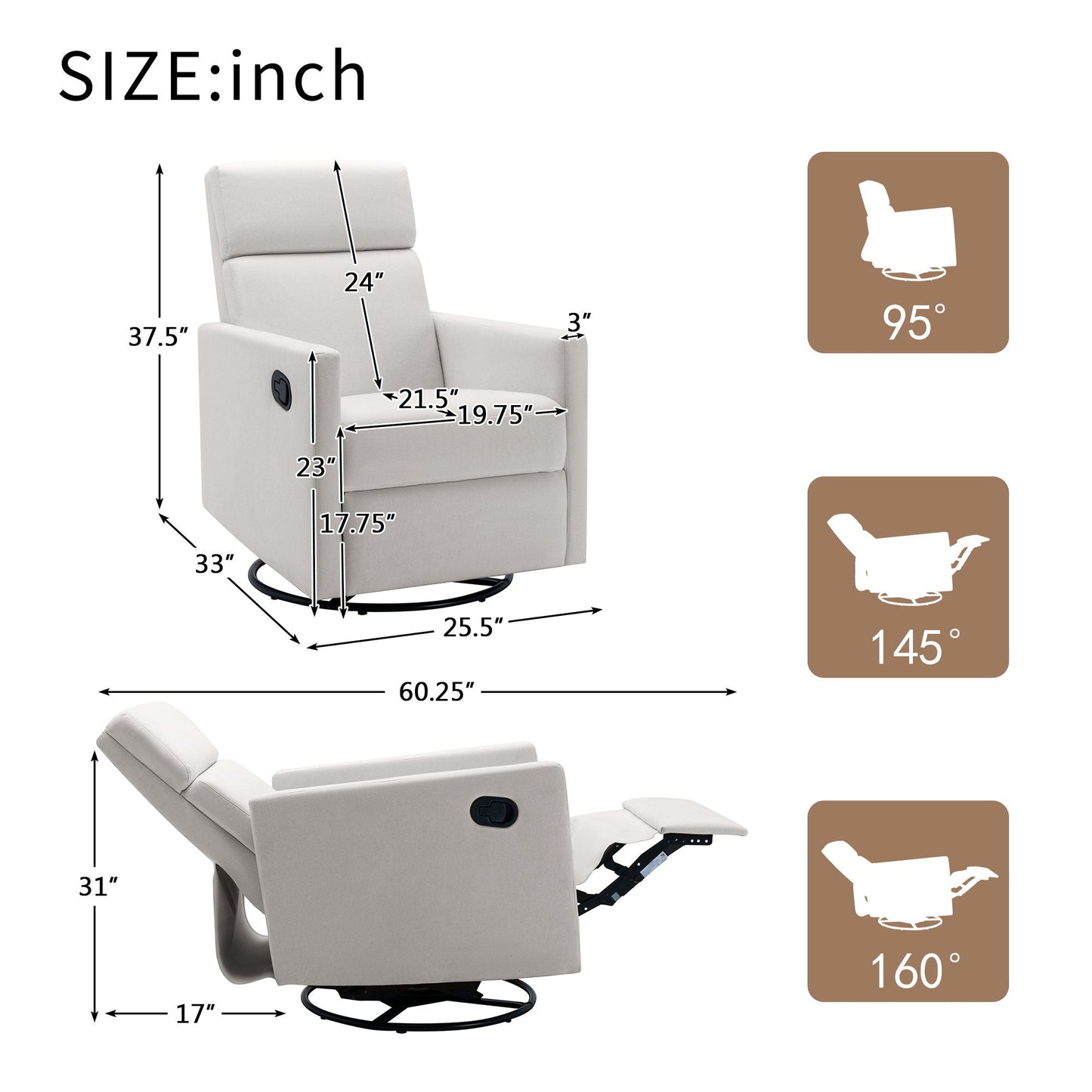 Modern Upholstered Rocker Nursery Chair Plush Seating Glider Swivel Recliner Chair Hearth and Haven