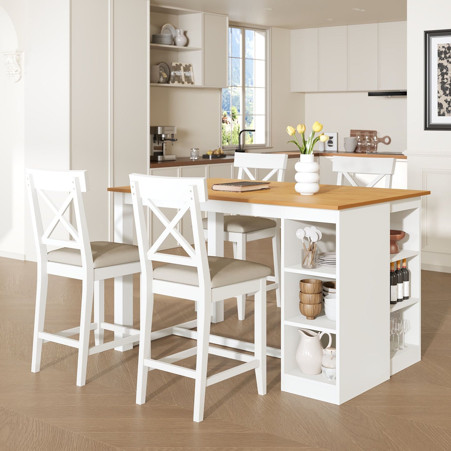 Solid Wood Farmhouse Counter Height Dining Table Set With 3 Tier Storage Shelves Hearth and Haven