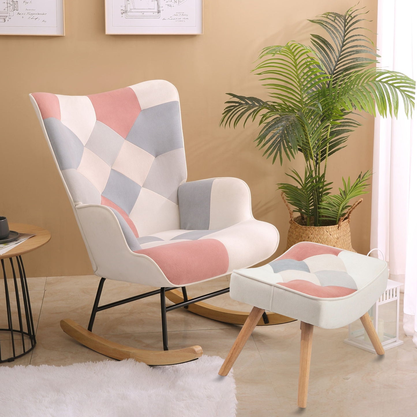 Mid Century Rocking Chair With Ottoman Patchwork Linen Wood Legs Design Living Room And Bedroom - Colorful Home Essentials