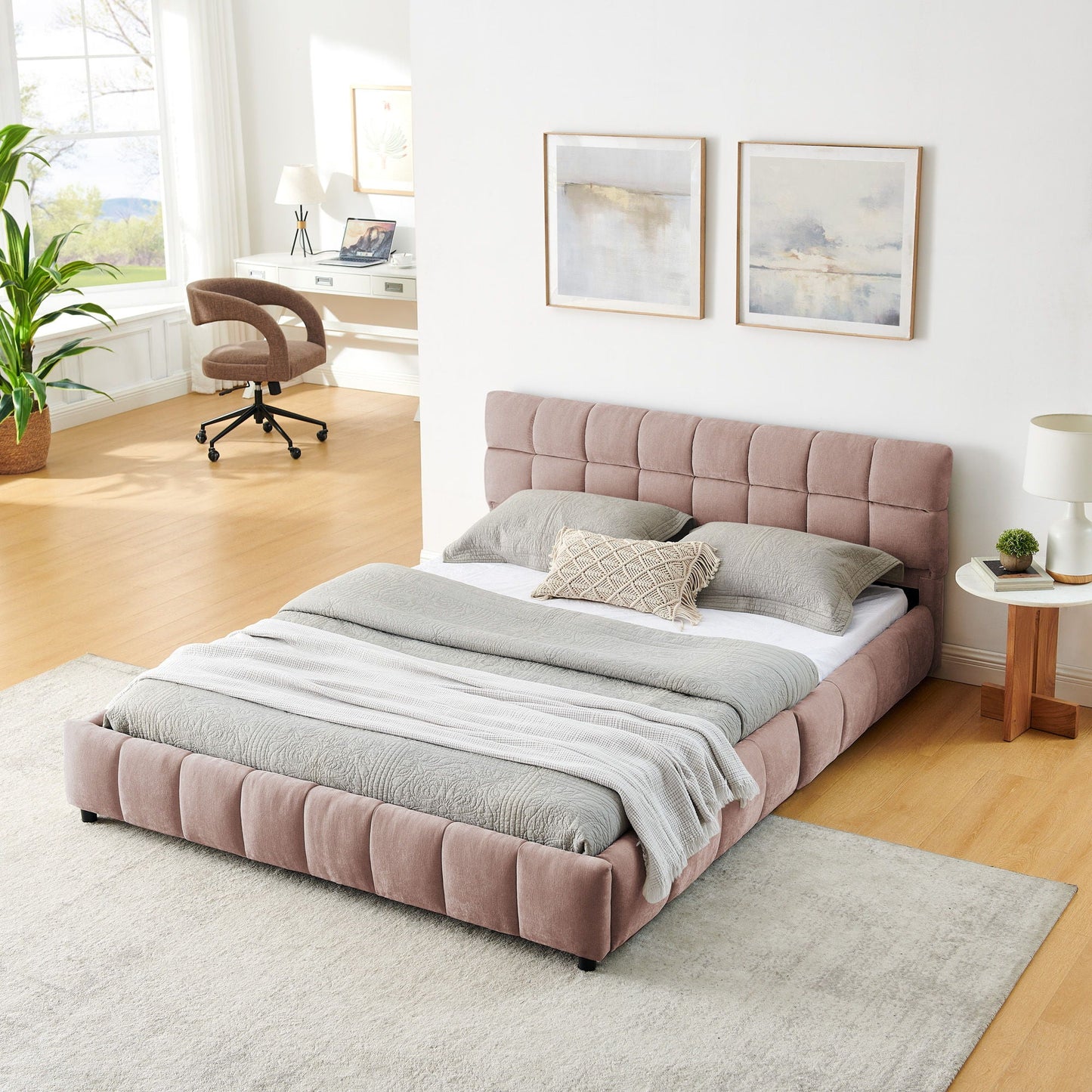 Modern Platform Bed Frame With Thick Chenille Fabric Home Essentials