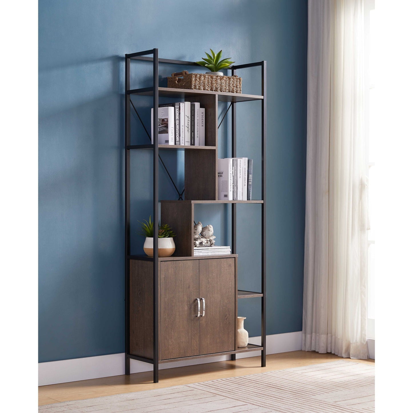 Modern Bookcase With Two Door Storage Cabinet With Two Shelves Home Essentials