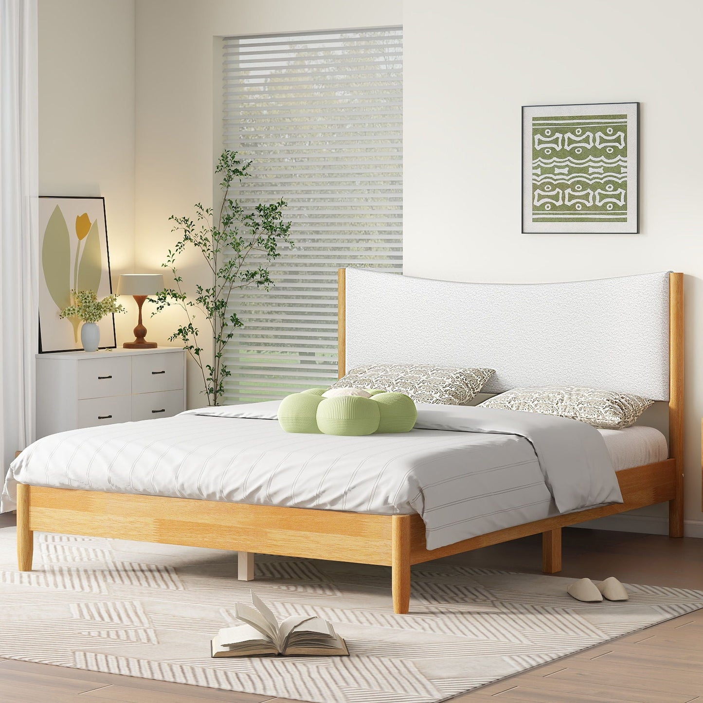 Queen Size Rubber Wooden, Solid Wooden Bed With Teddy Velvet Cushion Upholstered Headboard, Enhanced By Support Feet - Natural Home Essentials