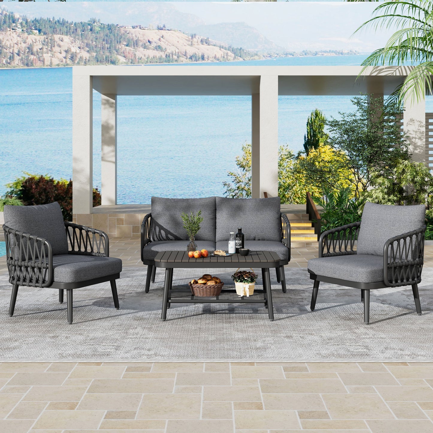 4 Piece Outdoor Patio Furniture Set, Metal Chairs With Woven Rope U Shaped Backrest Noble House