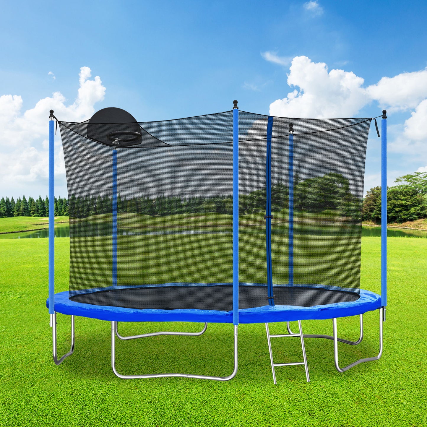 12Ft Trampoline For Adults & Kids With Basketball Hoop, Outdoor Trampolines With Ladder And Safety Enclosure Net For Kids And Adults - Blue Daily Nest