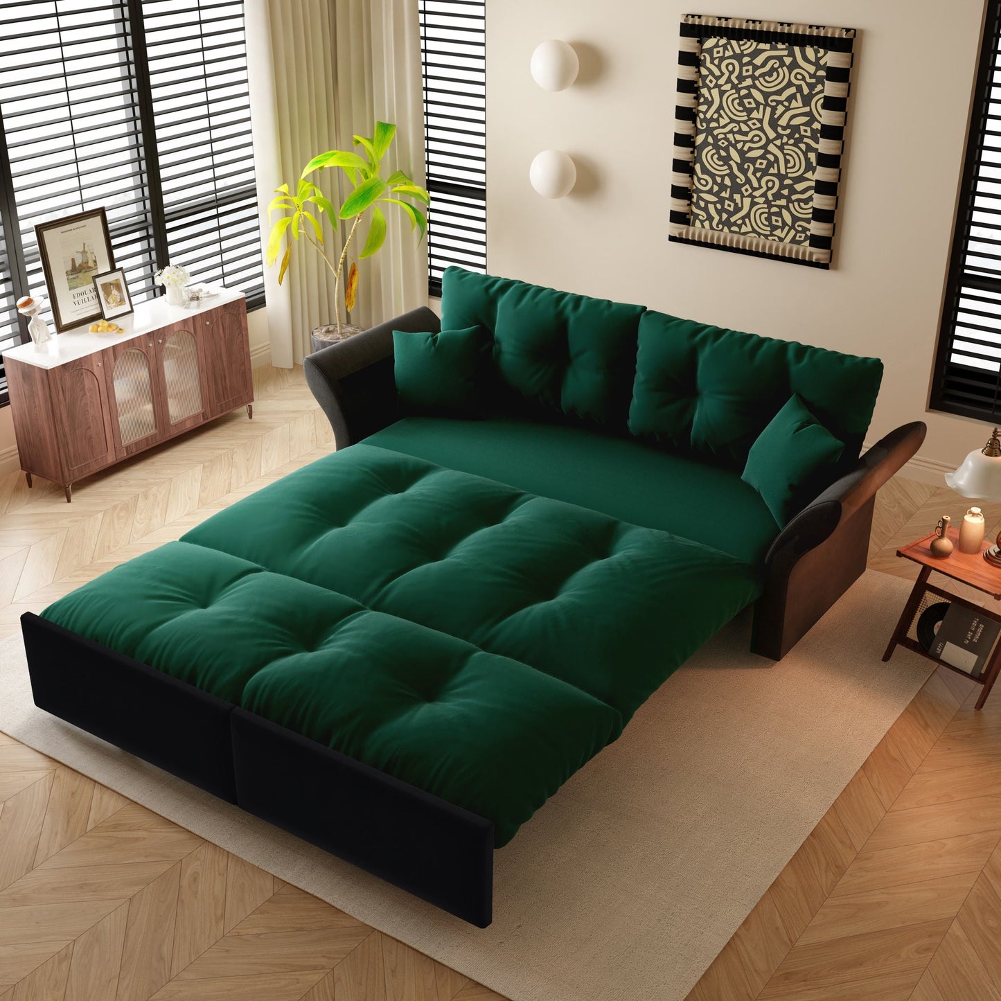 Queen Pull Out Sofa Bed, 3 In 1 Convertible Sleeper Tufted With 2 Soft Pillows Home Essentials