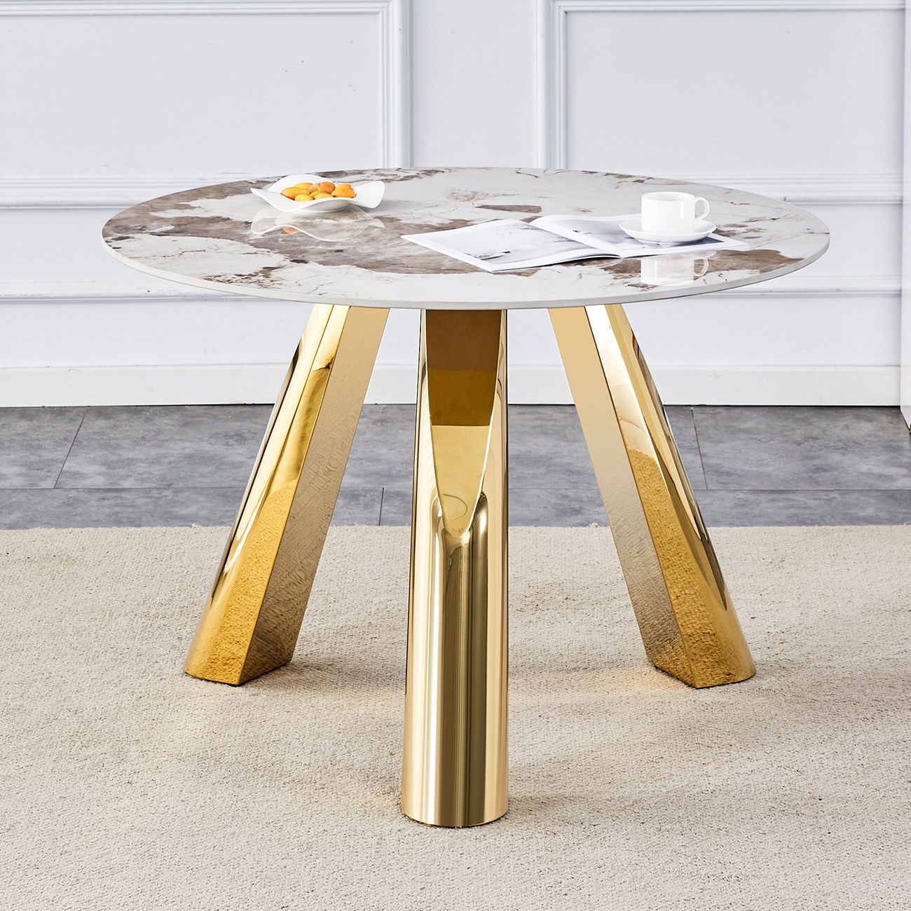 Marble Grained Stone Round Table Three - Legged Round Table With Stainless Steel Plated Legs Natural Healthy And Environmentally Friendly Round Table Home Essentials