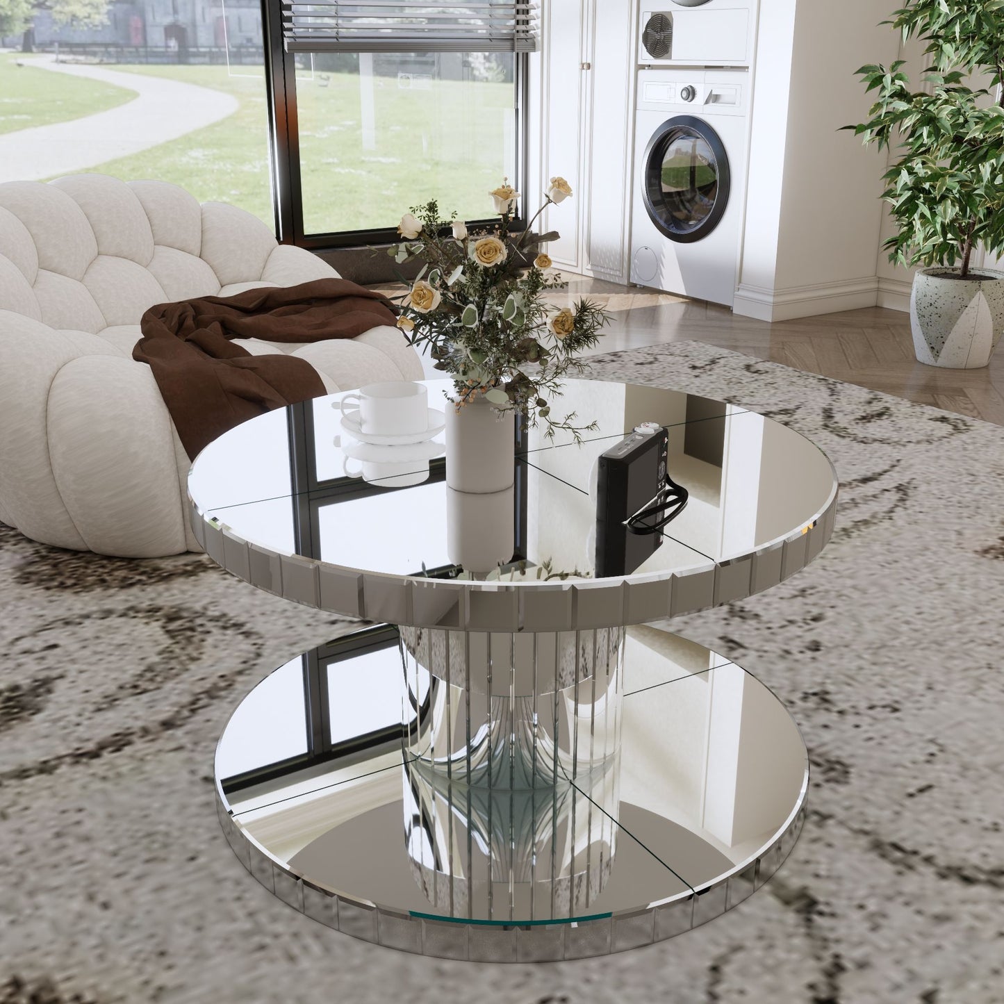 Luxury Double Tier Round Mirror Coffee & End Table With Fluted Glass Modern Sofa Side Table - Silver / Glass Home Essentials