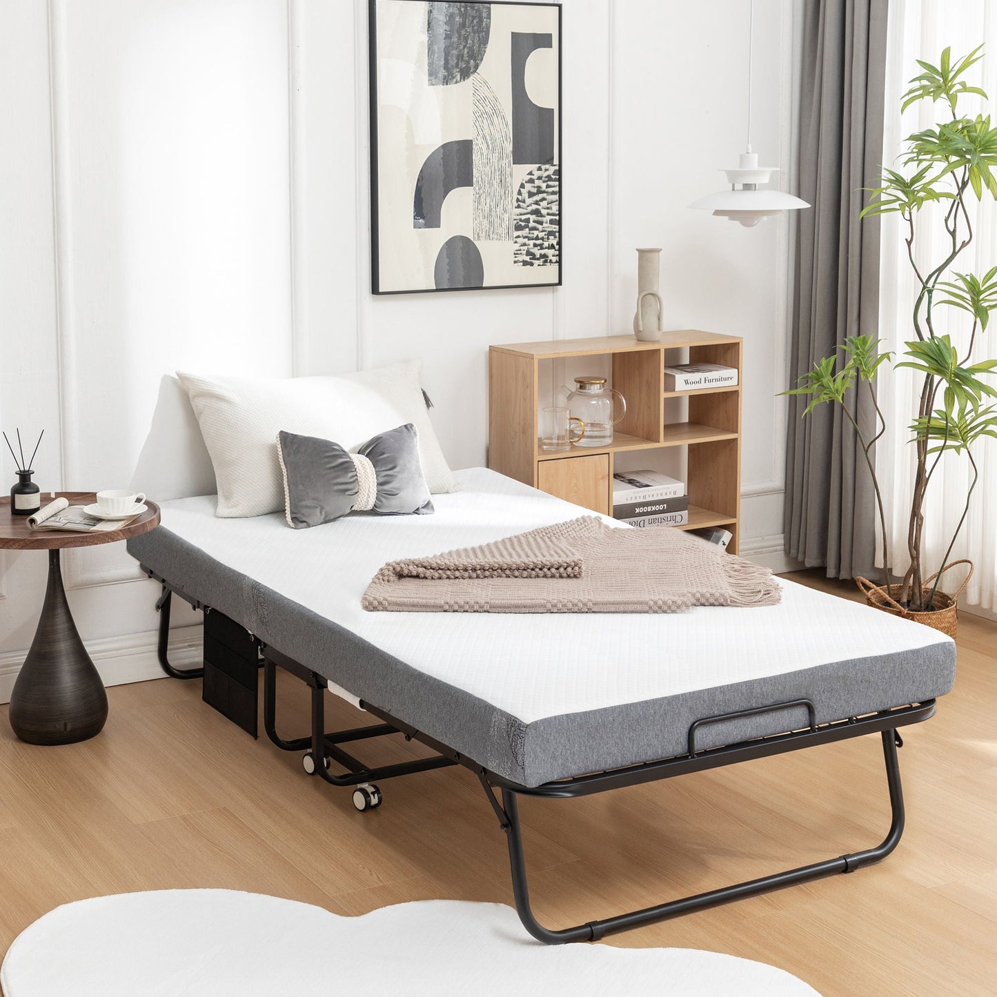 Foldable Metal Frame Bed For Guest With Memory Foam Mattress On Wheels, Saving Space Rollaway Bed Home Essentials