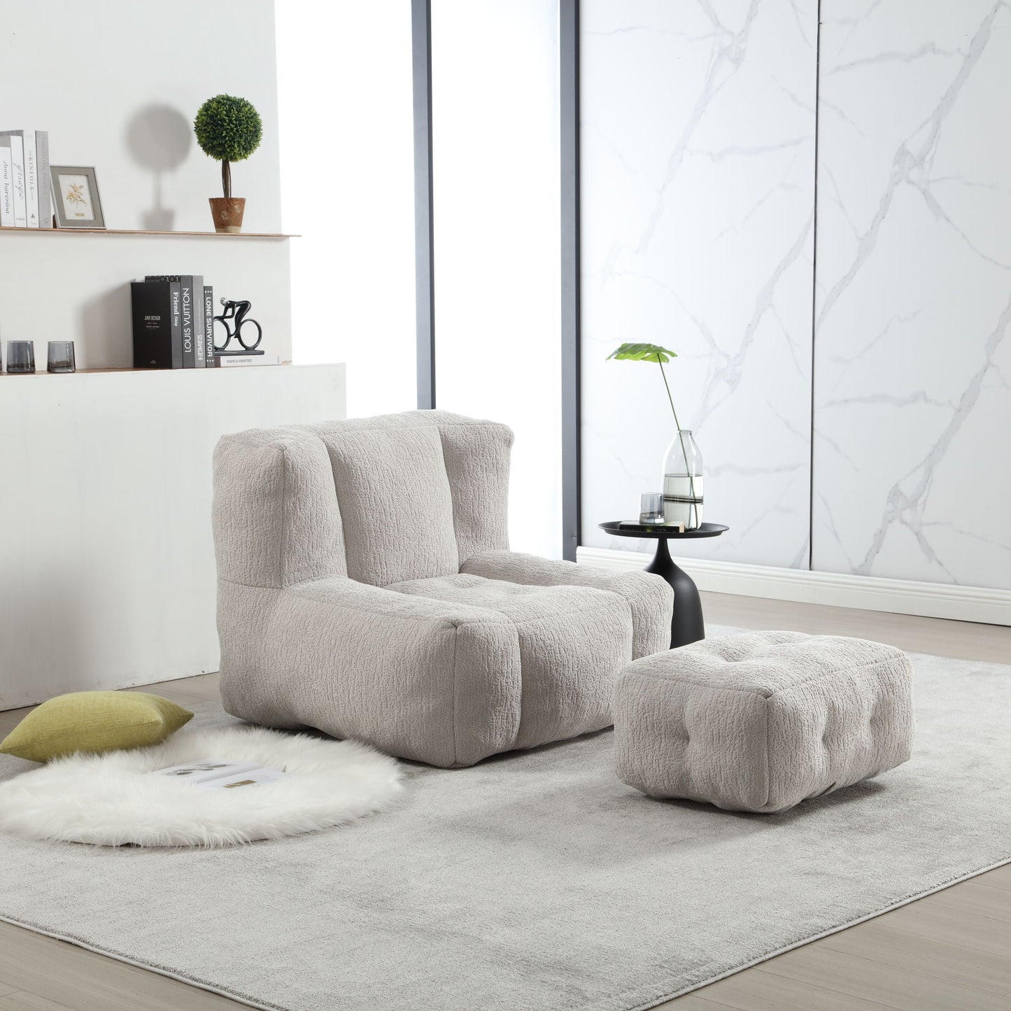 Modern Indoor Fluffy Bean Bag Chair With Memory Foam And Ottoman, Super Soft Home Essentials