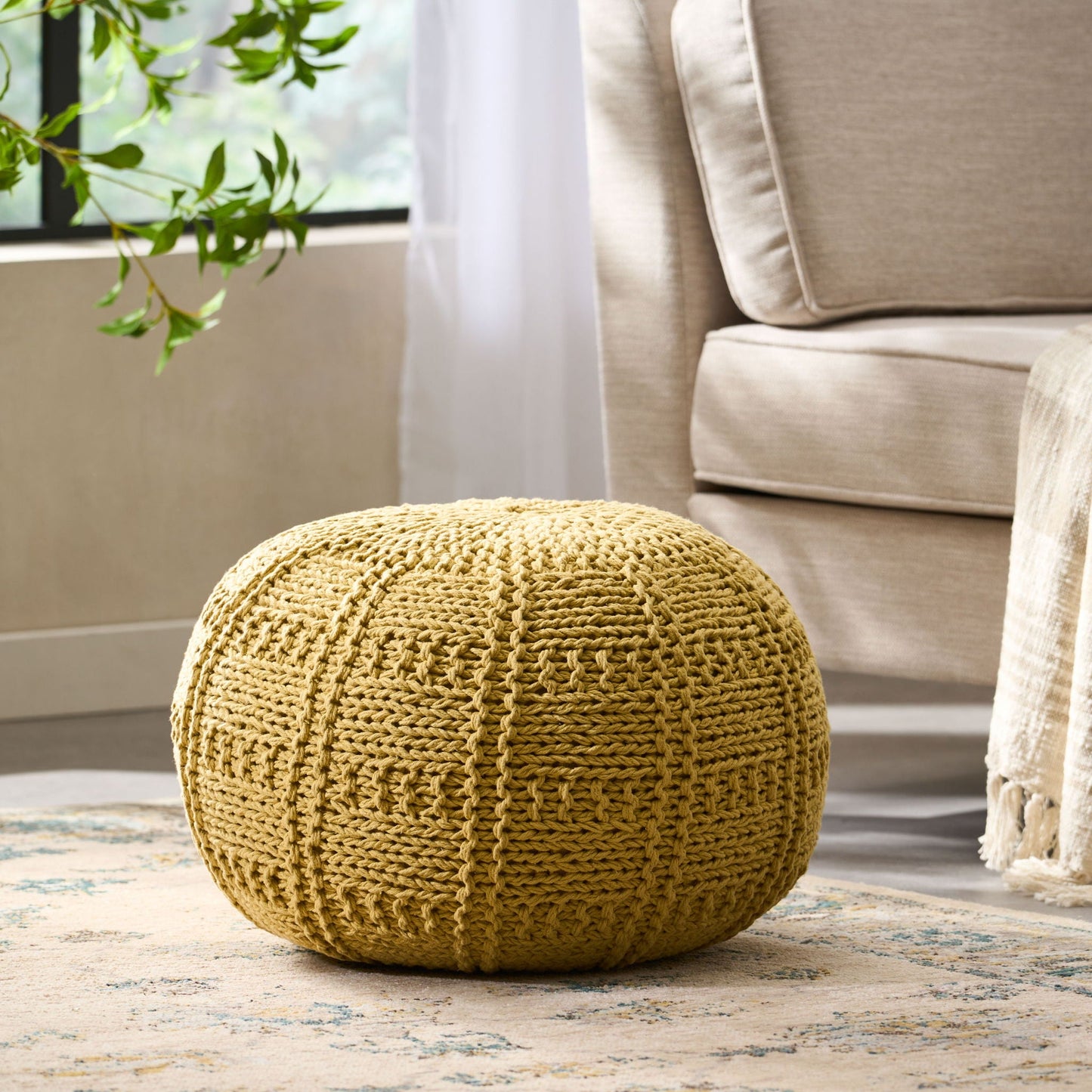 Yuny - Knitted Cotton Round Pouf With Modern Design - Yellow Noble House