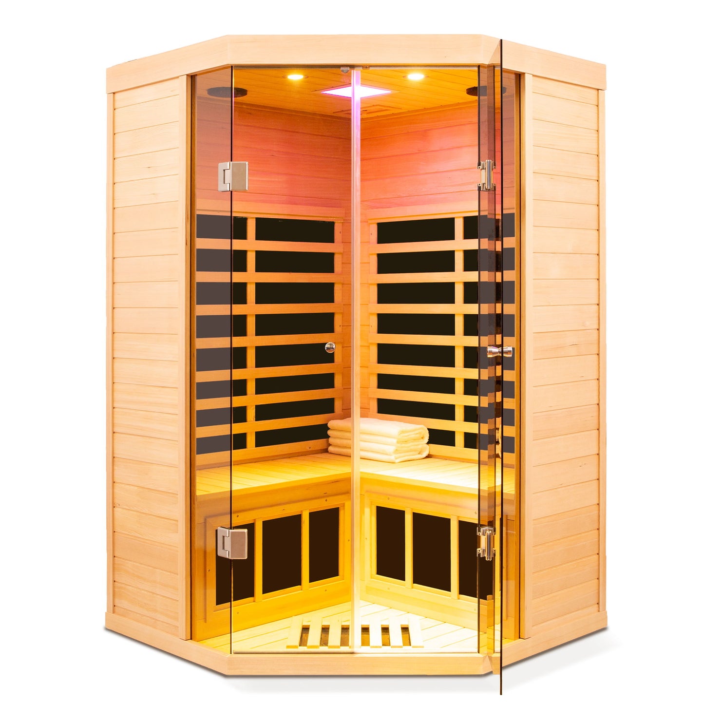2 Persons Large Glass Front Deluxe Version Hemlock Far Infrared Corner Sauna Room - Natural Daily Nest