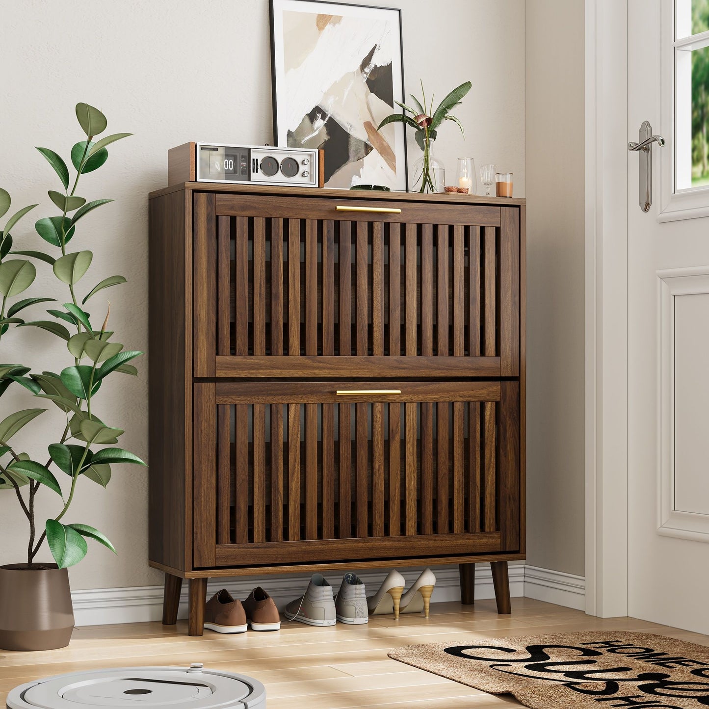 Medieval Modern Shoe Cabinet With 2 Flip Drawers And Fence Design Daily Nest
