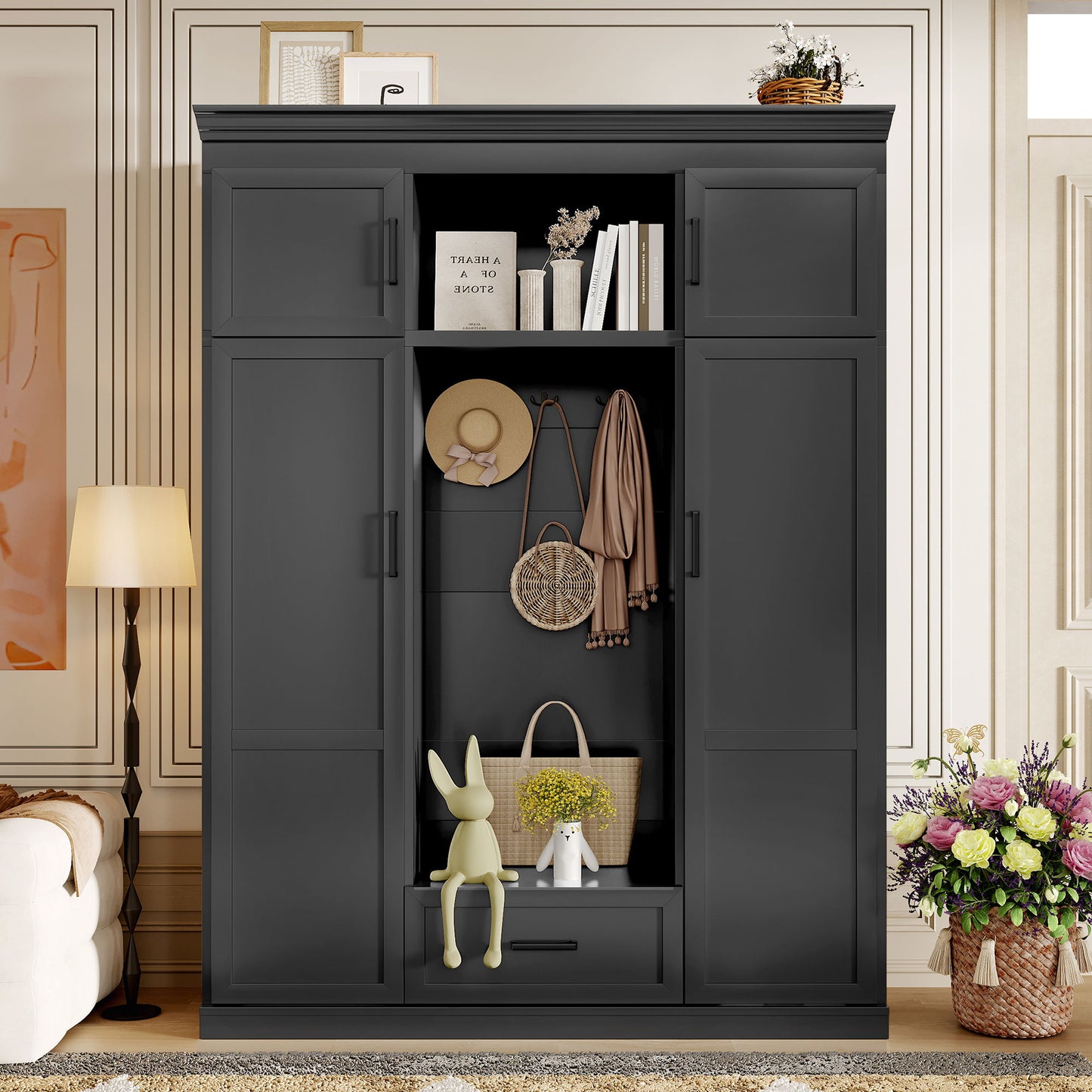 Hall Tree With Bench And 3 Hooks, Modern Entryway Storage Organizer Cabinet With 4 Doors, 1 Drawer And Adjustable Shelves Hearth and Haven