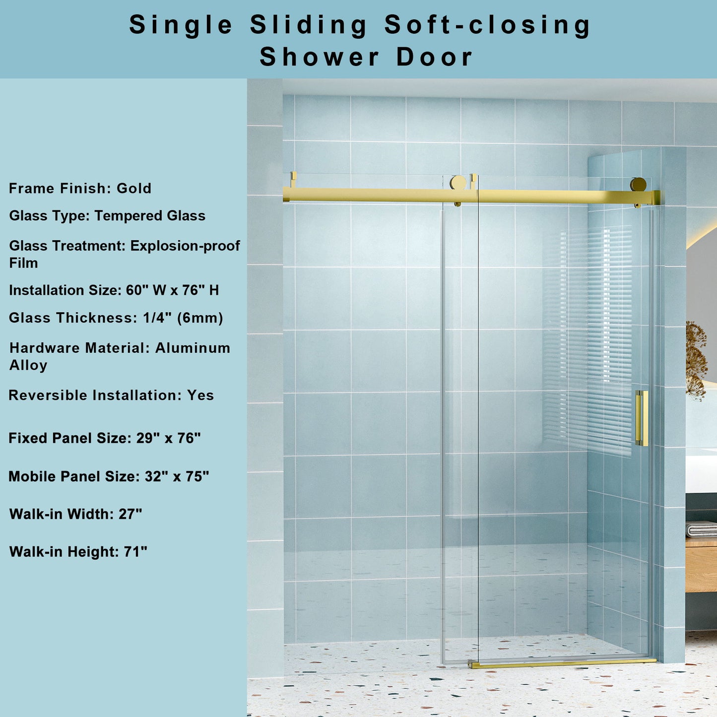 Frameless Soft-Closing Shower Door, 1/4" (6 Mm) Tempered Glass Single Sliding With Explosion Proof Coating Daily Nest