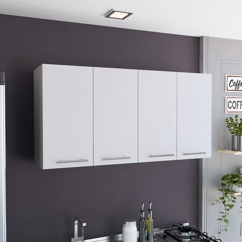 Wall Cabinet Four Doors, With Two Internal Shelves And Internal Plate And Glass Organizer - White Home Essentials