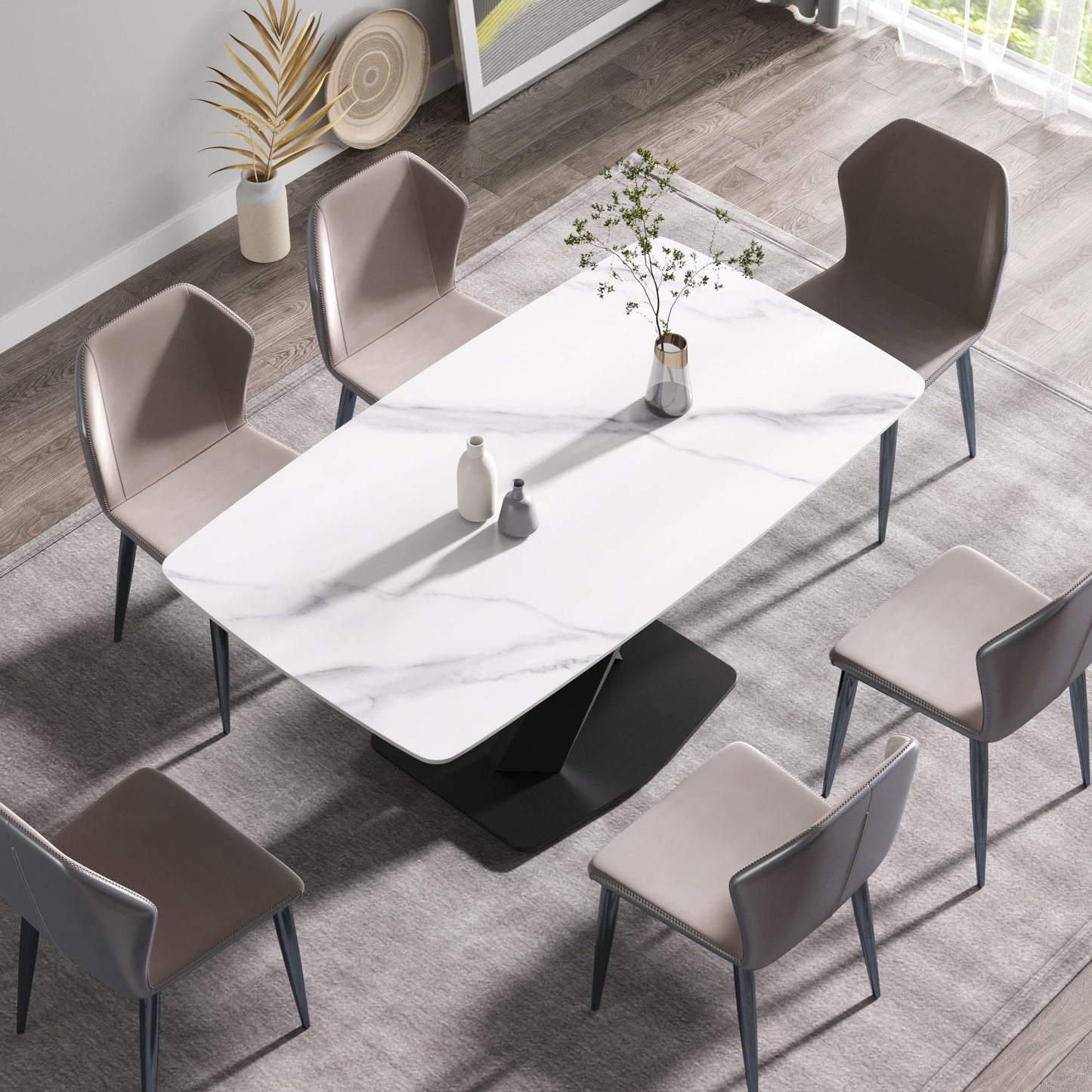 63" Modern Artificial Stone Dining Table, 6 People - White / Black Home Essentials