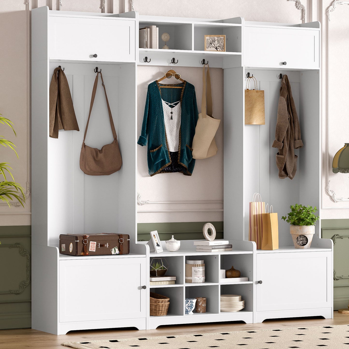 Wide Hall Tree With Shoe Storage, 4 In 1 Entryway Bench With 8 Cubbies, 7 Coat Hooks & Adjustable Shelf For Hallway - White Hearth and Haven