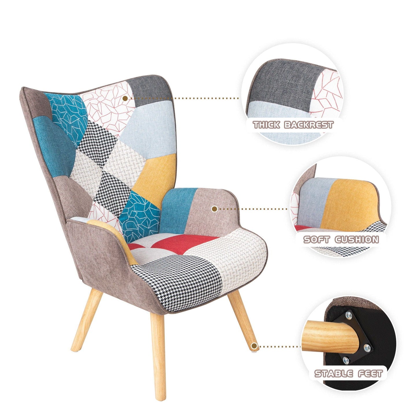Accent Chair With Ottoman, Living Room Chair And Ottoman Set, Comfy Side Armchair For Bedroom, Creative Splicing Cloth Surface - Colorful Home Essentials