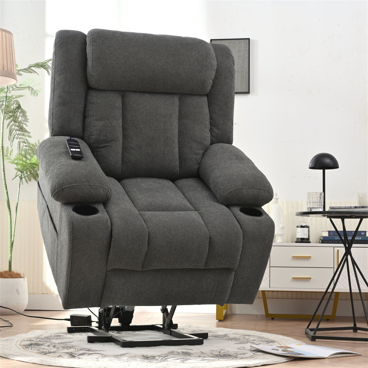 Power Lift Recliner Chair With Extended Footrest, Remote Control, Cup Holders, And Side Pockets Home Essentials
