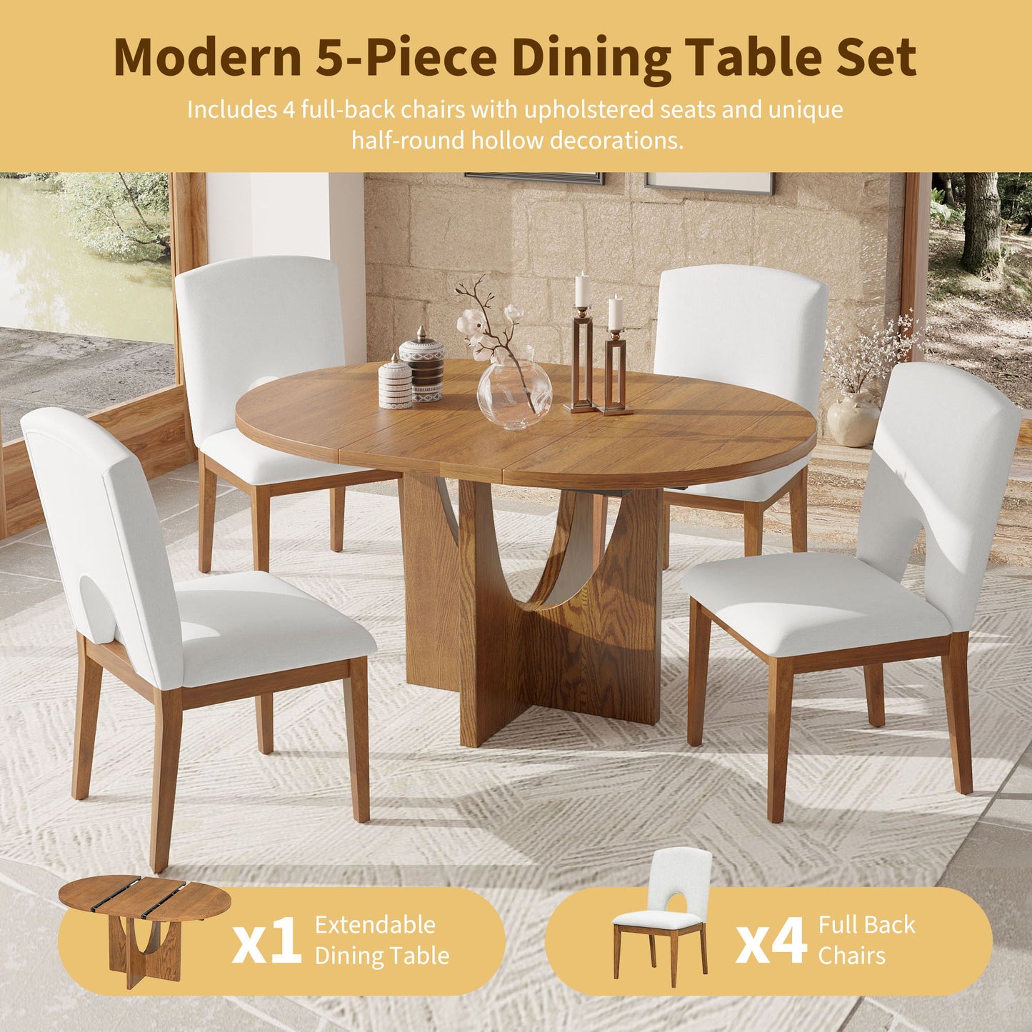Topmax - 5 Piece Modern Extendable Round Dining Table Set With Removable Leaf For Small Places Hearth and Haven