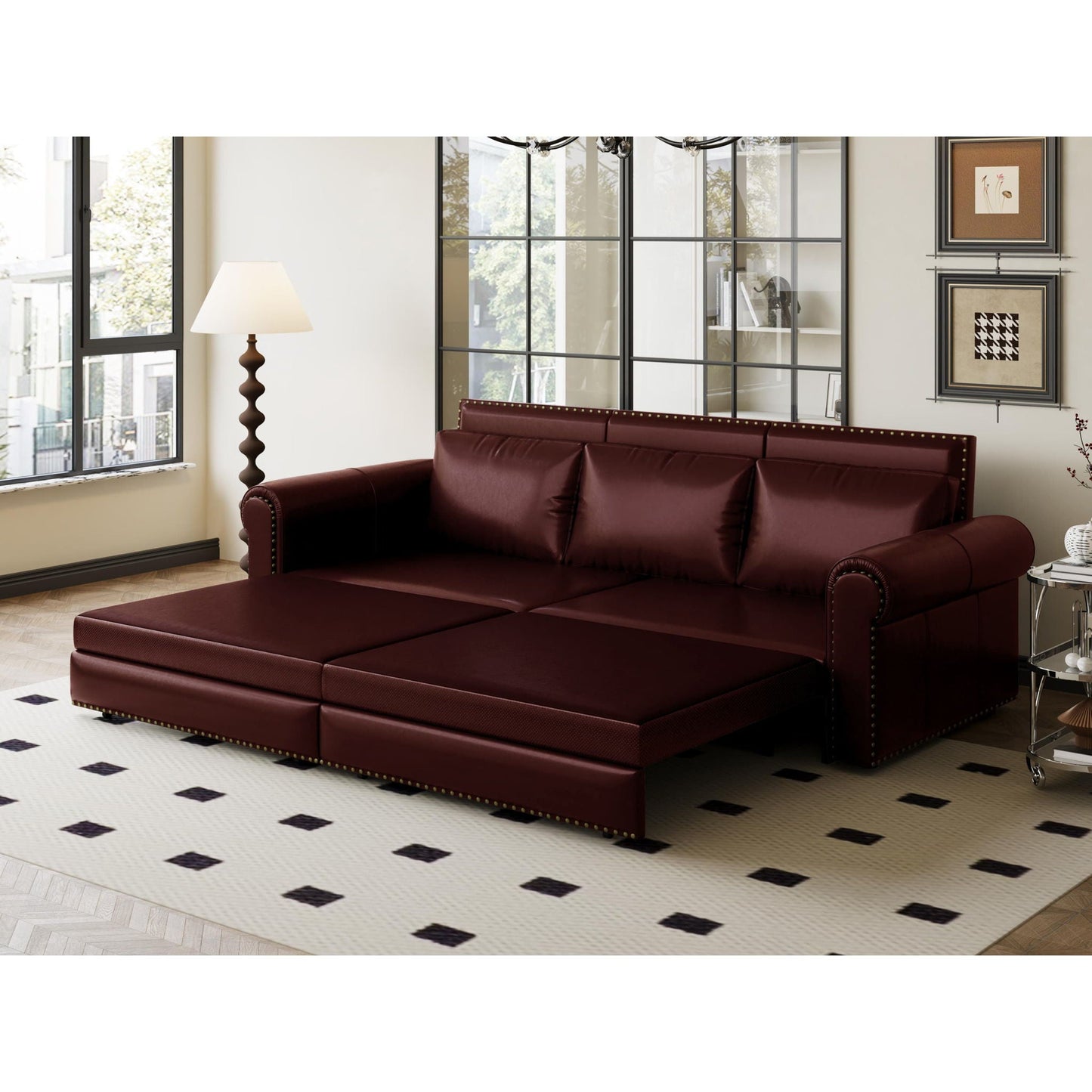 3 In 1 Convertible Sleeper Sofa With Nailhead Trim & Rolled Arm Home Essentials