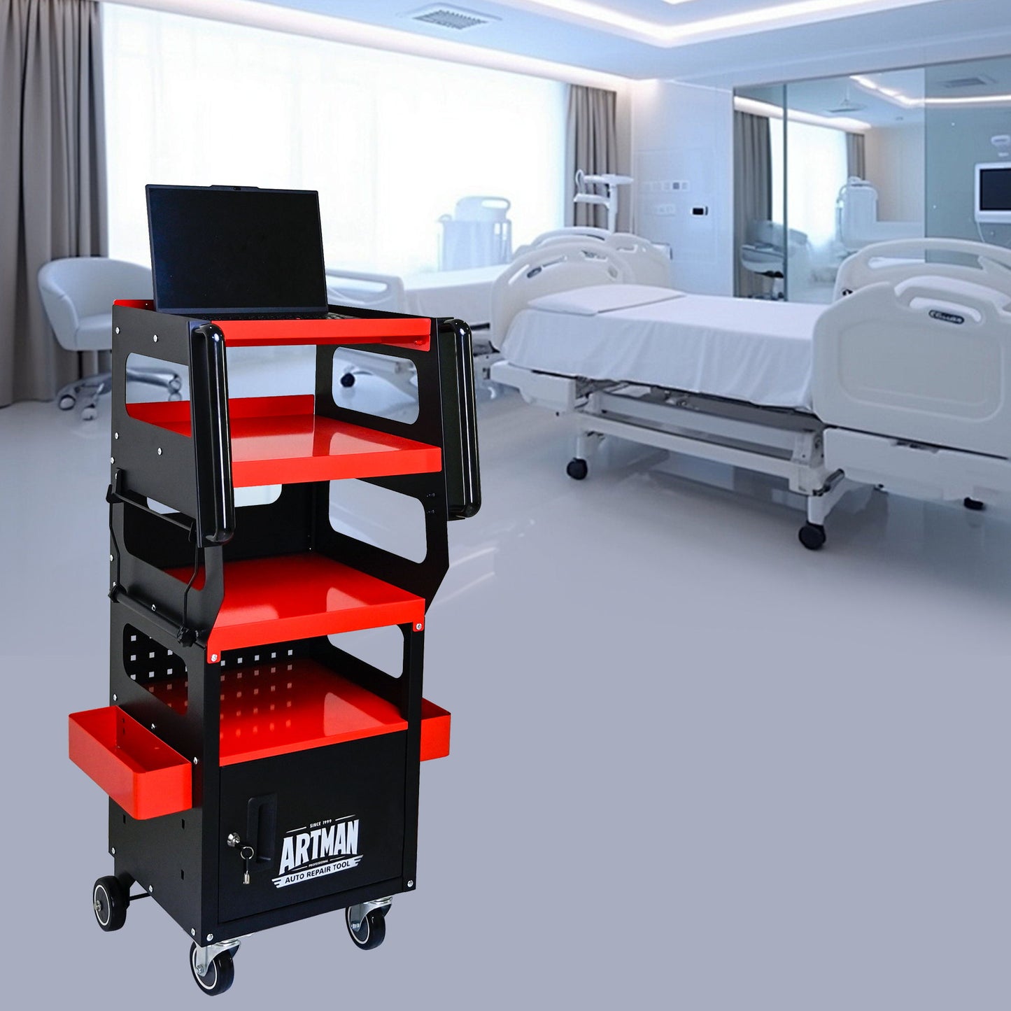 4 Level Multi Purpose Trolley For Diagnostics - Black / Red Daily Nest