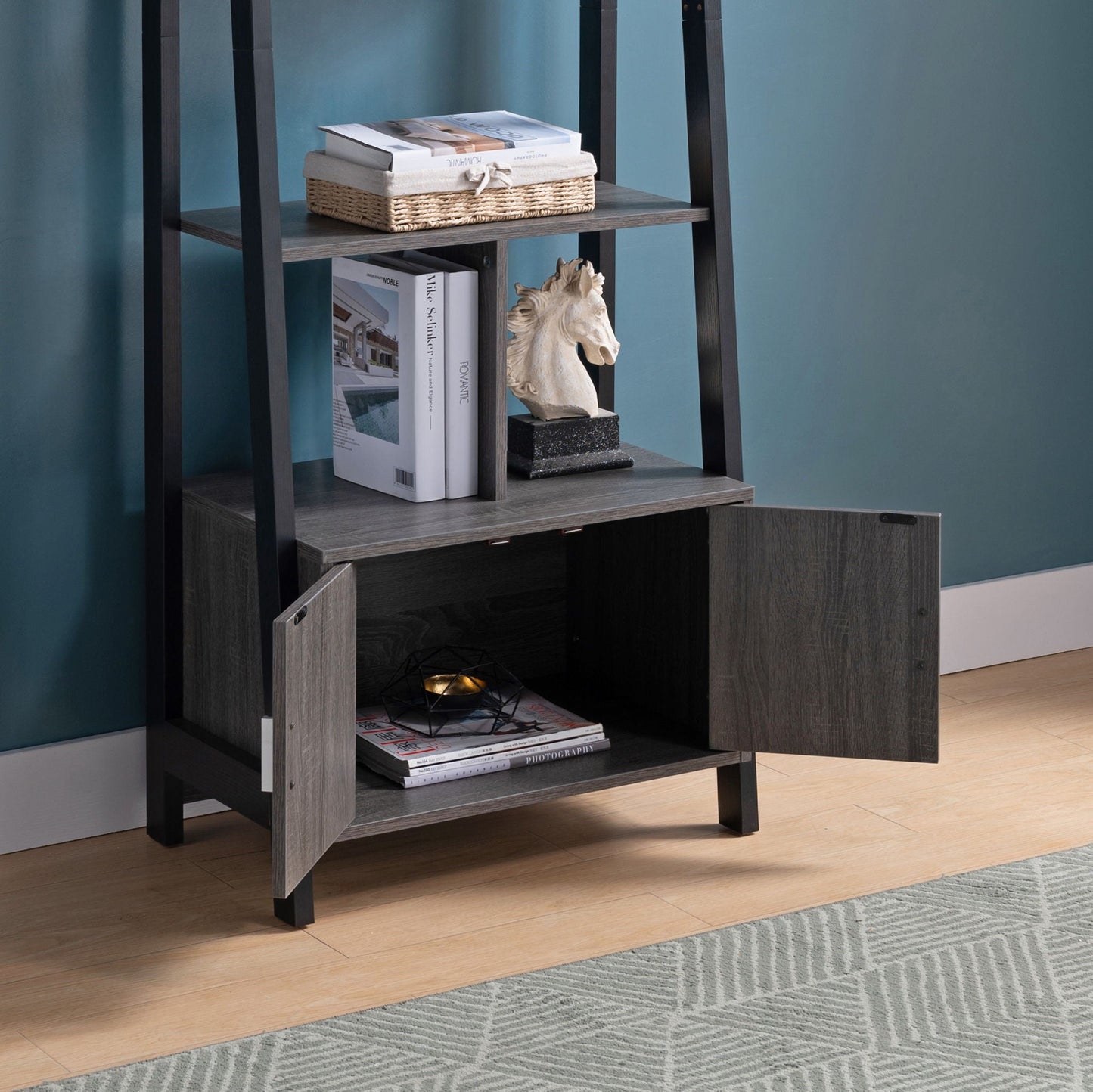 Modern Bookcase With Four Open Shelves And Two Door Cabinet - Black / Gray Home Essentials