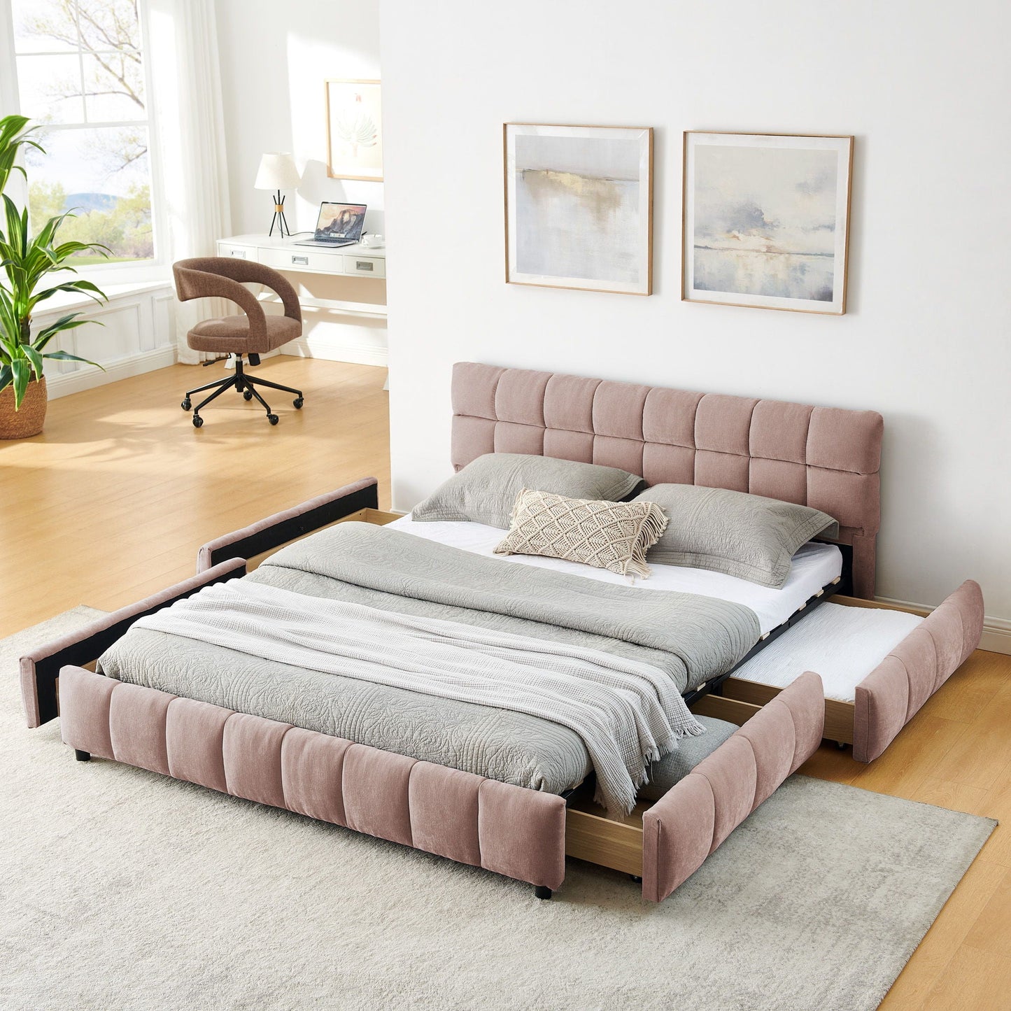 Modern Platform Bed Frame With Thick Chenille Fabric Home Essentials
