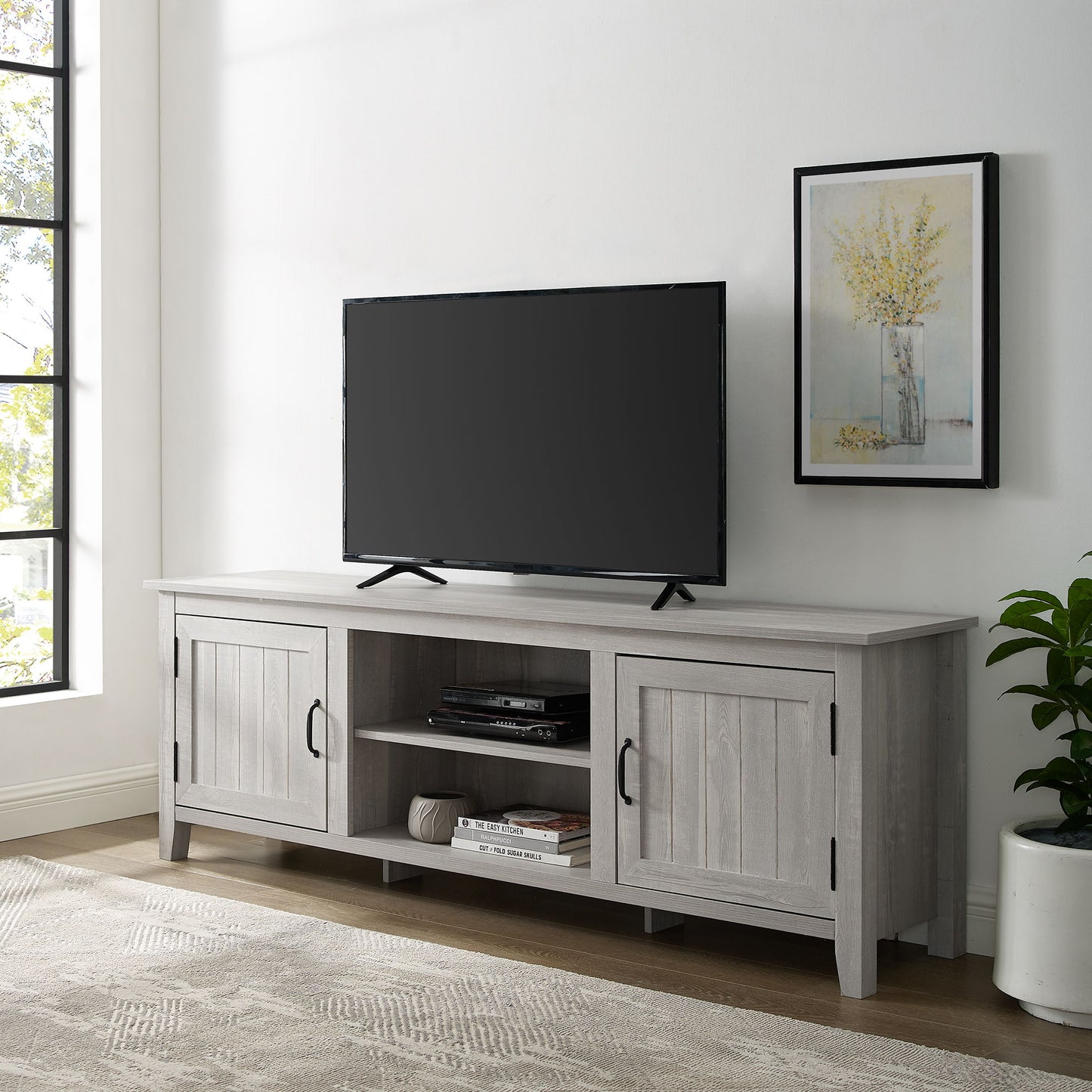 Modern Farmhouse 2 Door Grooved 70" TV Stand For 85" TVs Walker Edison