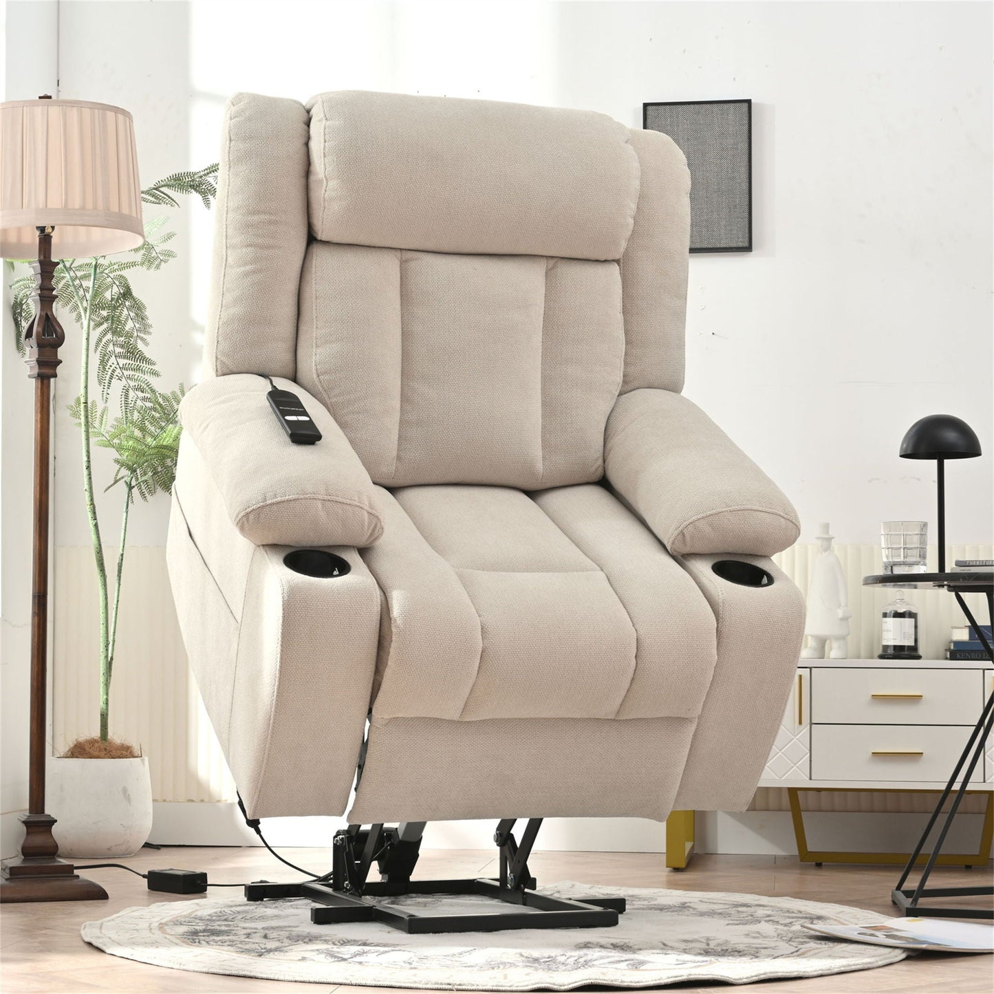 Power Lift Recliner Chair With Extended Footrest, Remote Control, Cup Holders, And Side Pockets Home Essentials