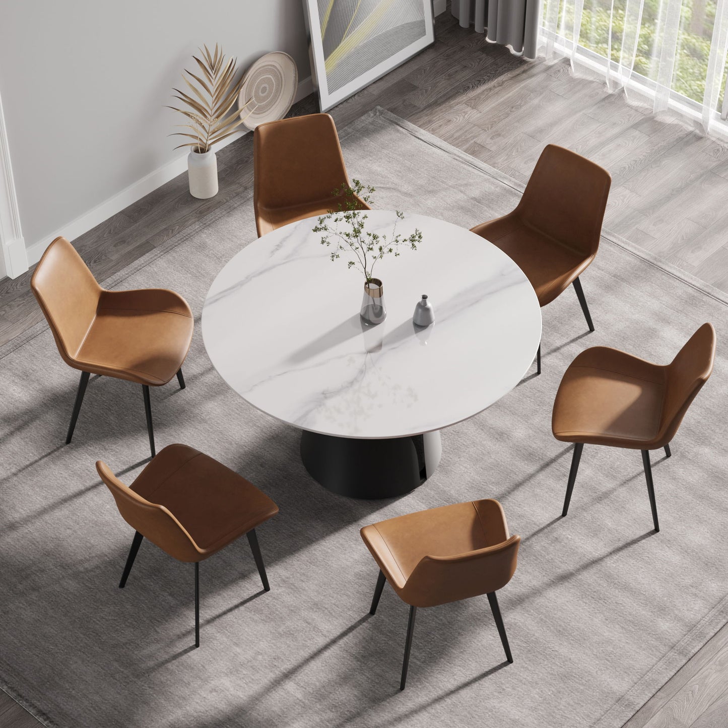 53.15" Modern Artificial Stone Round Carbon Steel Base Dining Table, Can Accommodate 6 People - White / Black Home Essentials