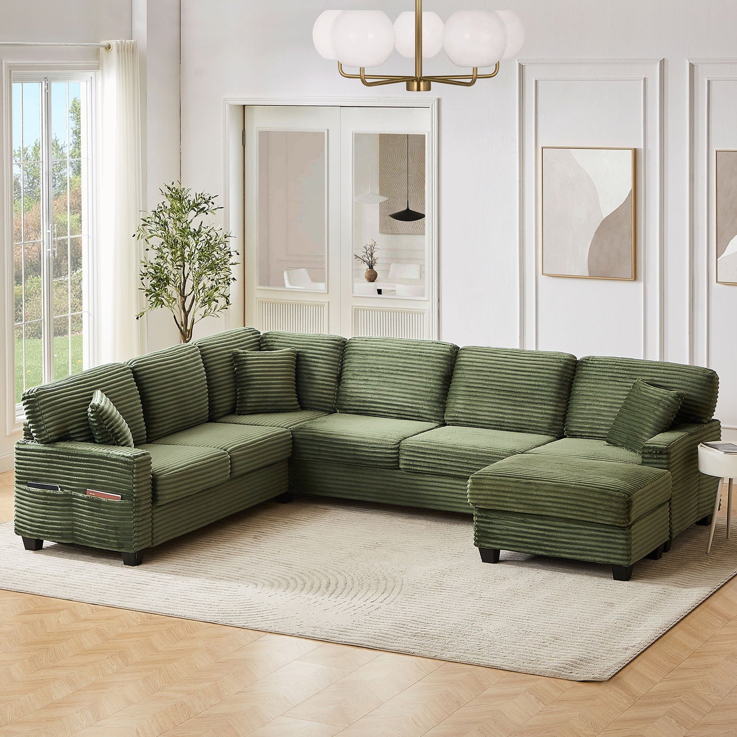 Upholstered U-Shaped Sectional Sofa With Movable Ottoman And Side Storage Pockets - Snoozhouse