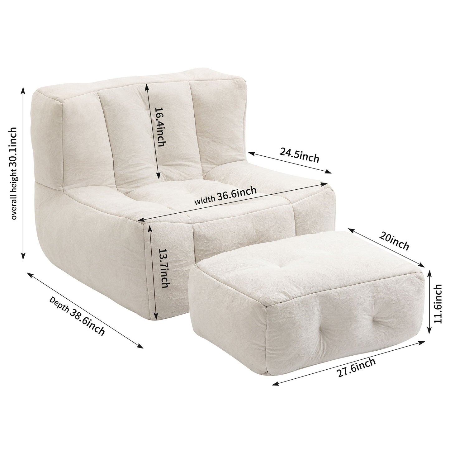 Modern Indoor Fluffy Bean Bag Chair With Memory Foam And Ottoman, Super Soft Home Essentials