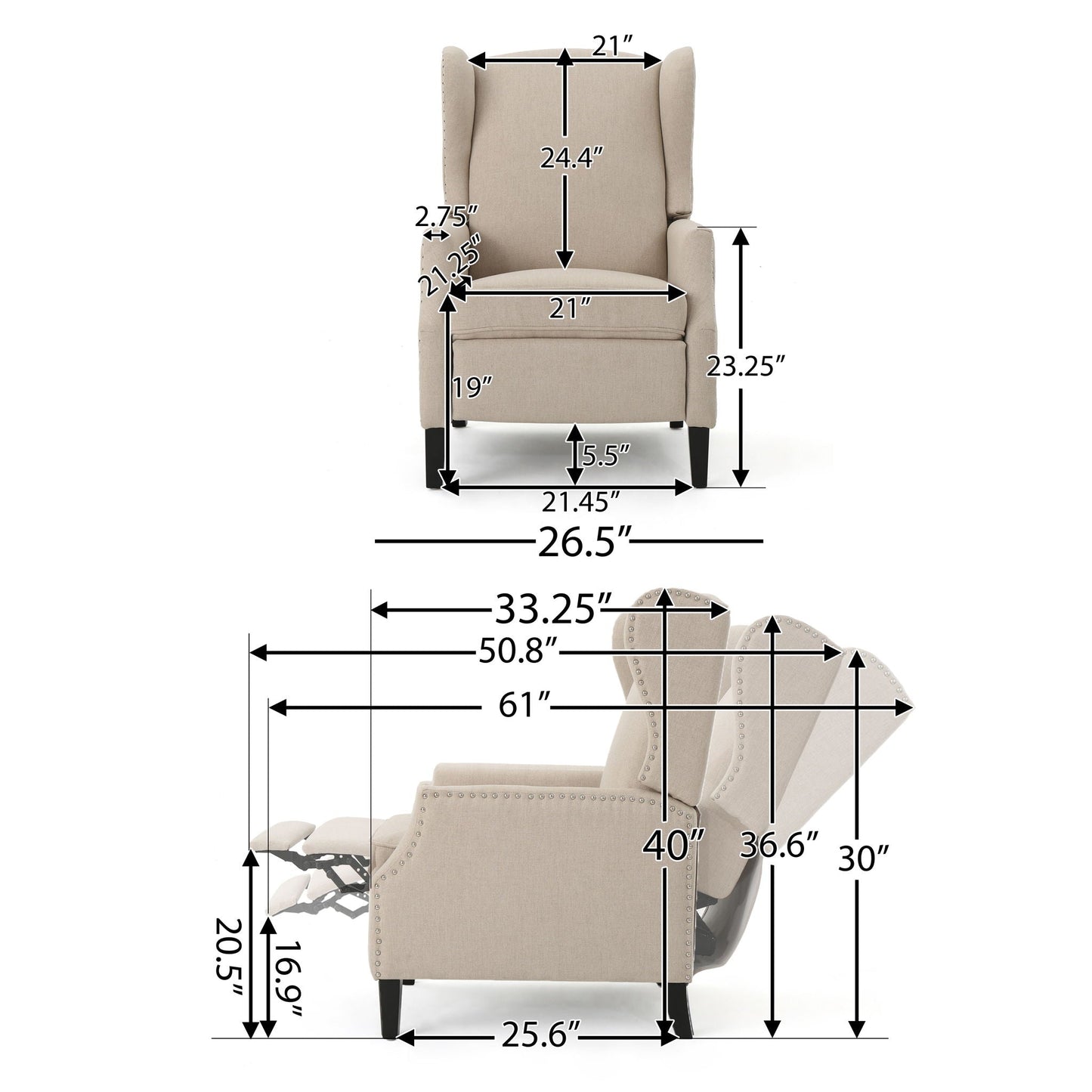 Westeros Wing Back Fabric Upholstered Recliner Noble House