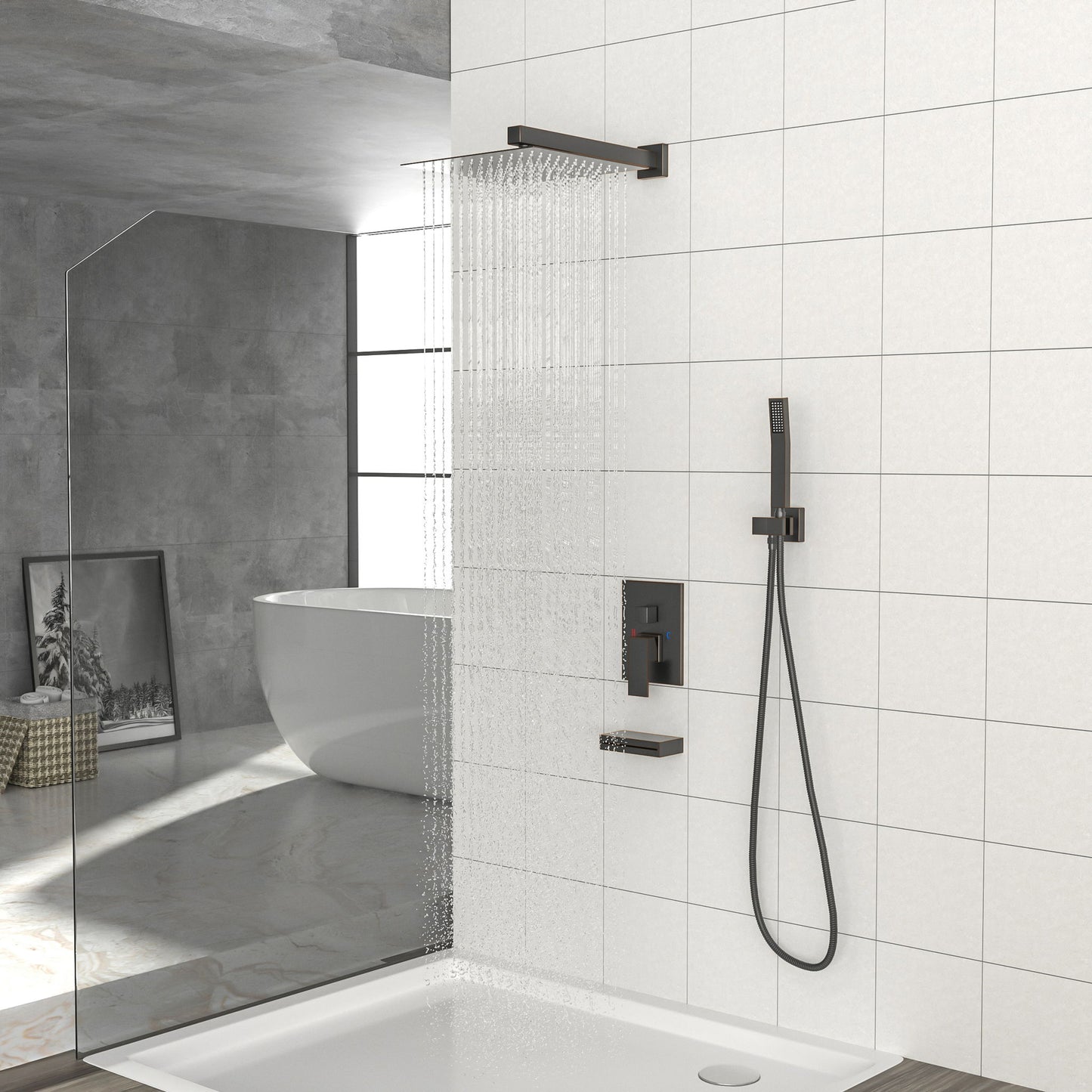 Square Shower System With Waterfall Tub Spout And Rough In Valve, Wall Mounted Daily Nest
