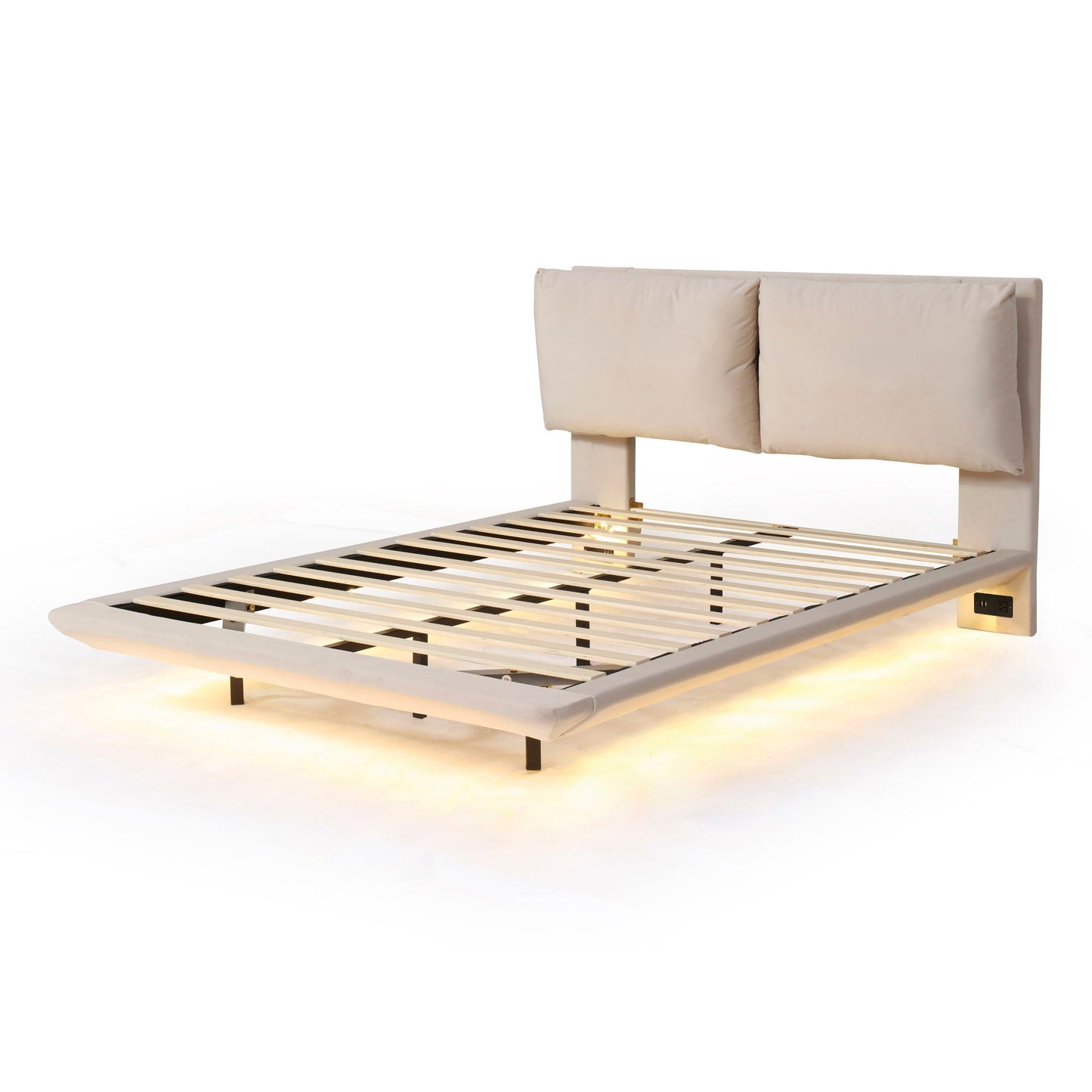 Upholstered Platform Bed With Sensor Light And 2 Large Backrests, With 2 Sets Of USB Port And Socket On Each Rear Bed Leg Halcyon Home