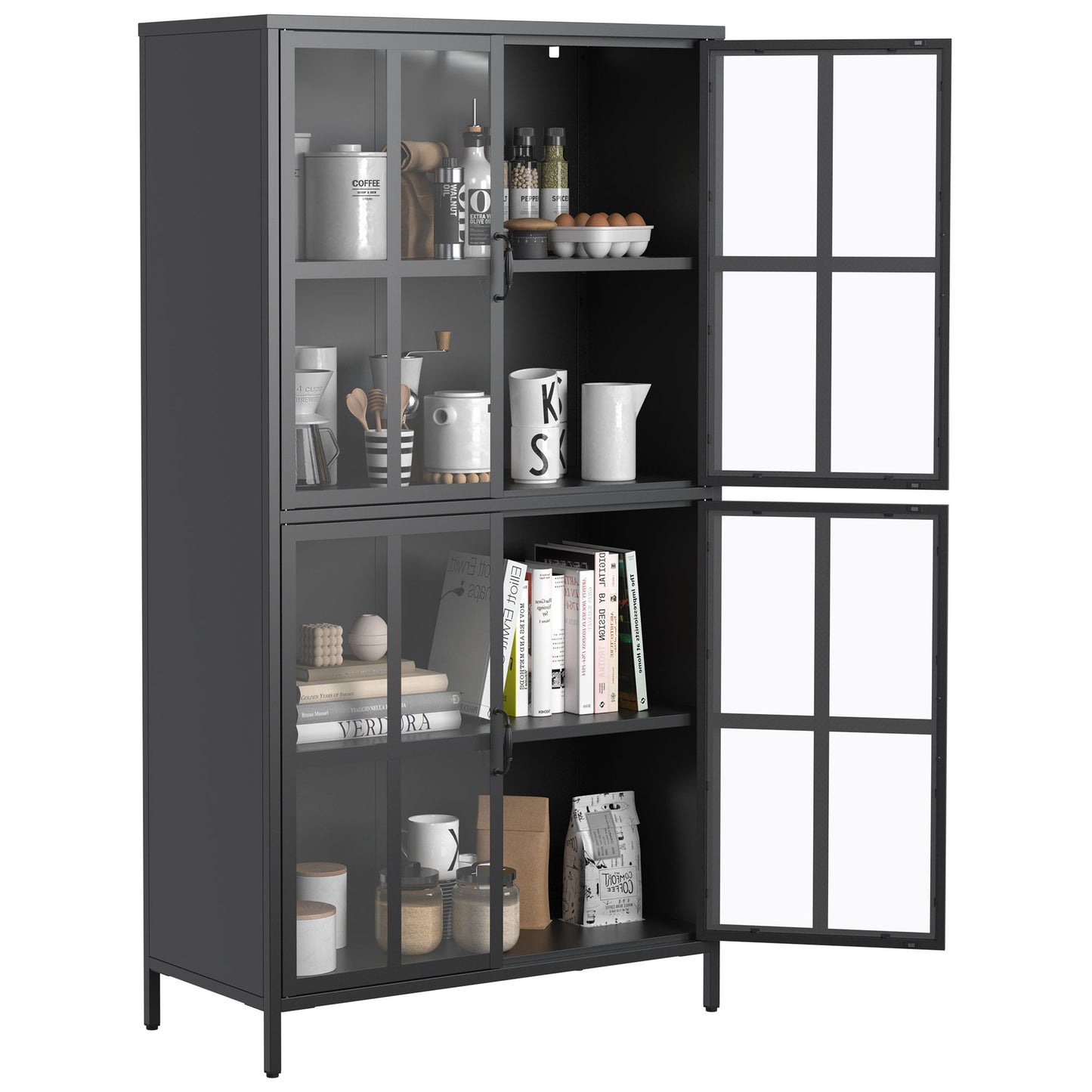 Premium Metal Storage Cabinet With Tempered Glass Doors, Adjustable Shelves, And Anti Tipping Device - Black Home Essentials