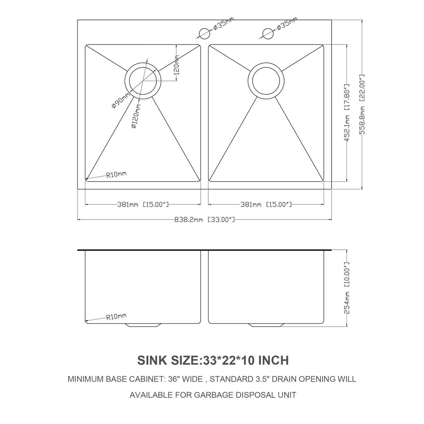 Double Bowl Drop In Kitchen Sink 33" X 22" With 16 Gauge Stainless Steel And 2 10" Deep Basins - Gunmetal Black Daily Nest