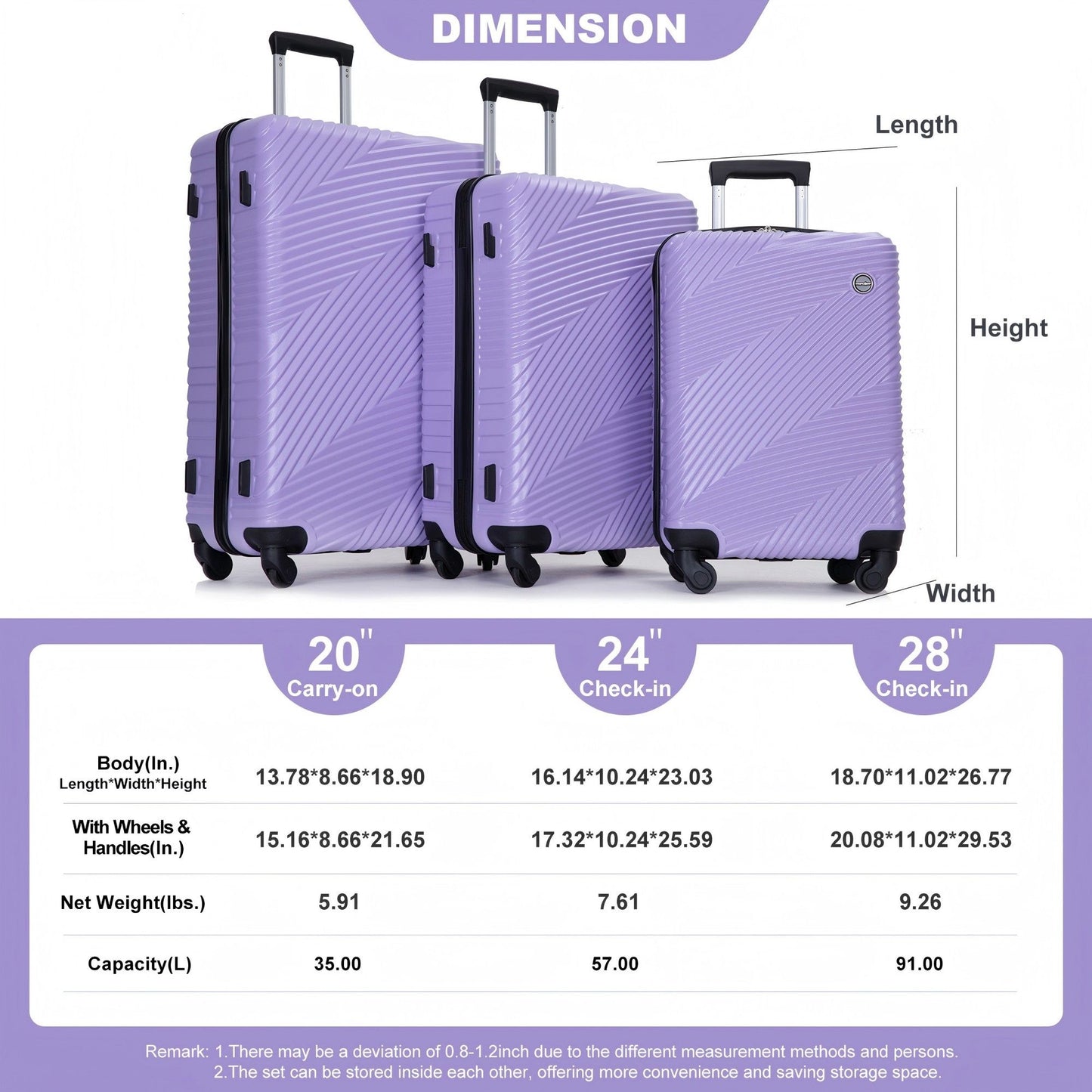 3 Piece Luggage Sets Lightweight Suitcase With Two Hooks, Spinner Wheels, Daily Nest