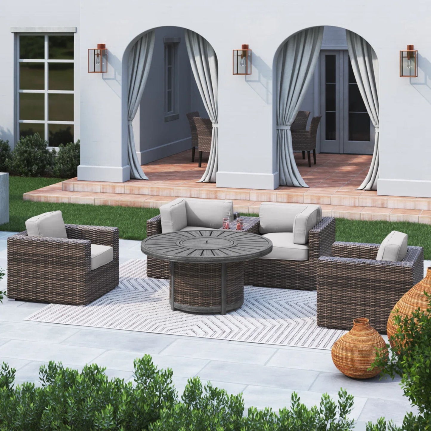 Patio Seating Group For 4 With Cushions And Fire Pit Table - Brown LSI Patio Furniture