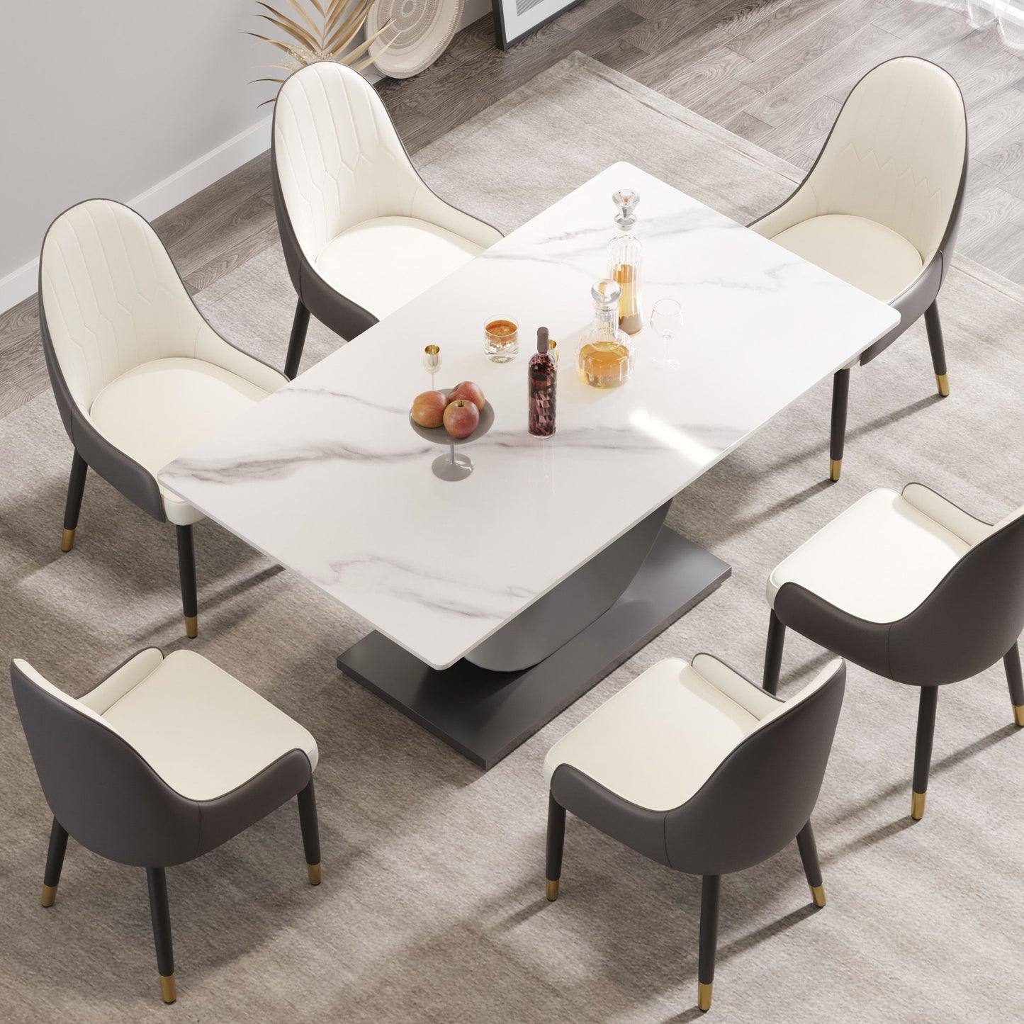 63" Modern Artificial Stone Crescent-Shaped Metal Legs, Can Accommodate 6-8 People - White / Black Home Essentials