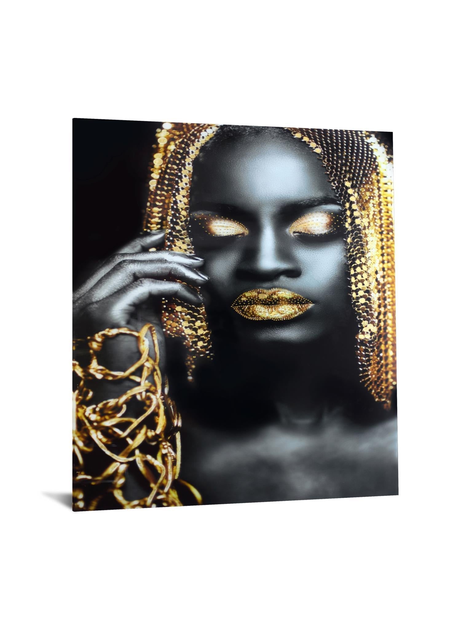 Temp Glass With Foil & Rhinestones - Woman Gold Hair - Black Classy Art