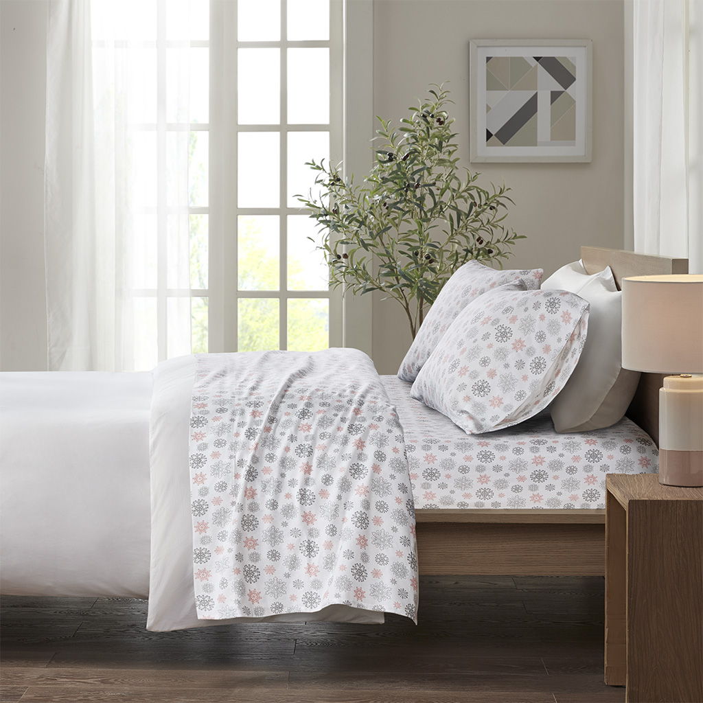 Twin Cozy Sheet Set - Pink / Gray Snowflakes True North by Sleep Philosophy